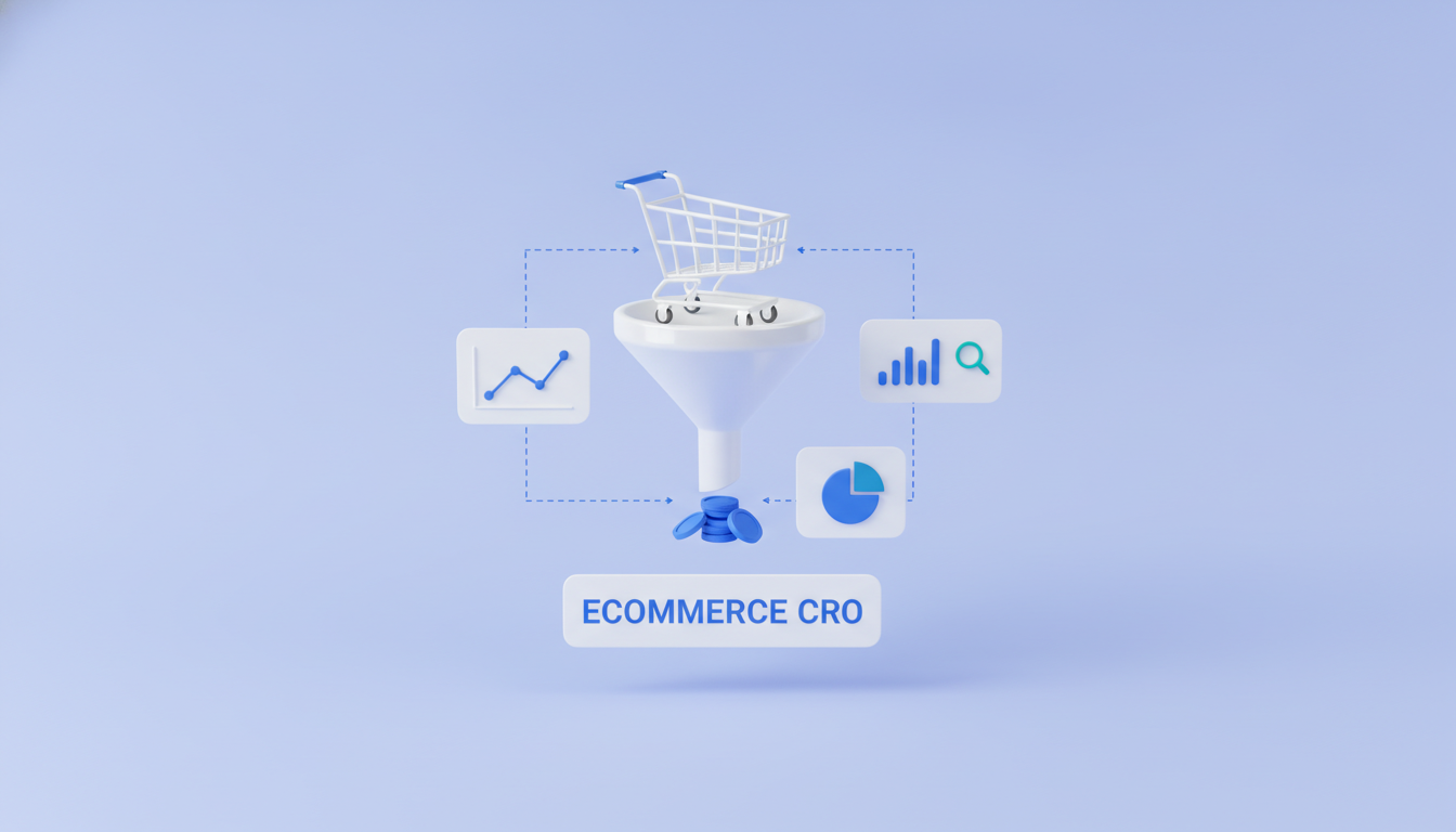 Ecommerce CRO illustration: shopping cart funnel with coins