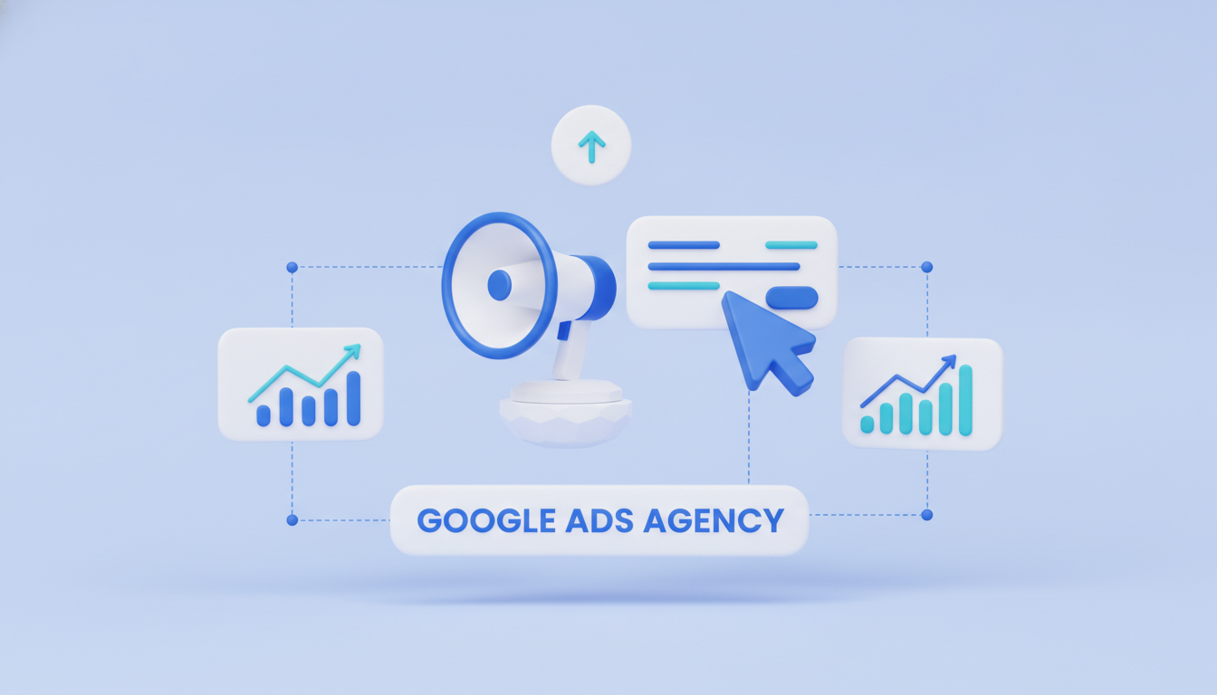 Google Ads agency illustration: megaphone with cursor clicking an ad card