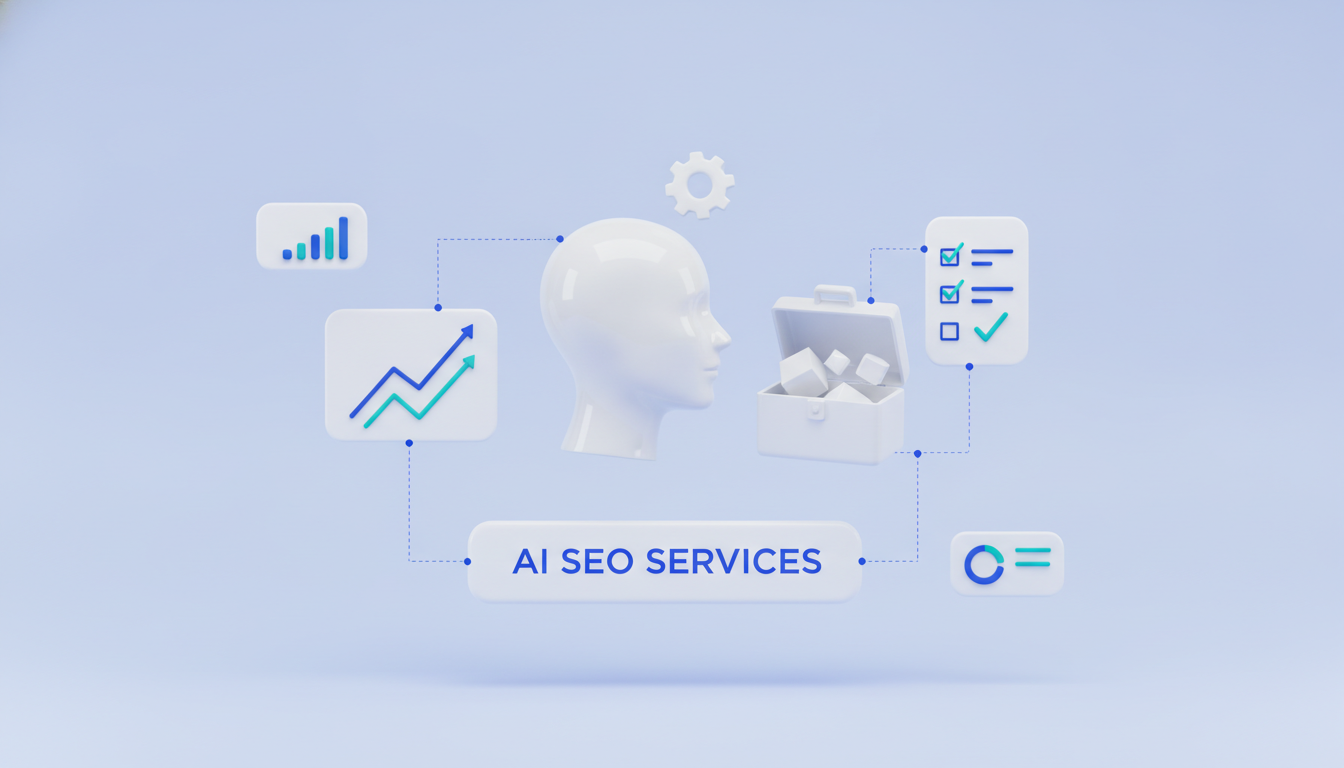 AI SEO services illustration: robot head, toolbox and checklist