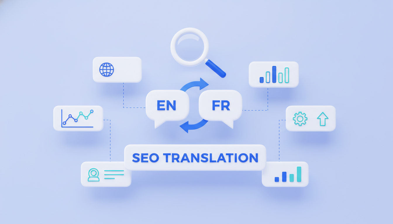 SEO translation illustration: EN and FR speech bubbles with translation arrows
