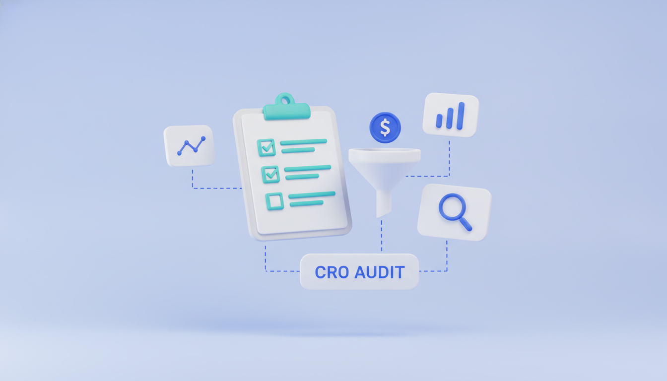 CRO audit illustration: checklist clipboard with conversion funnel