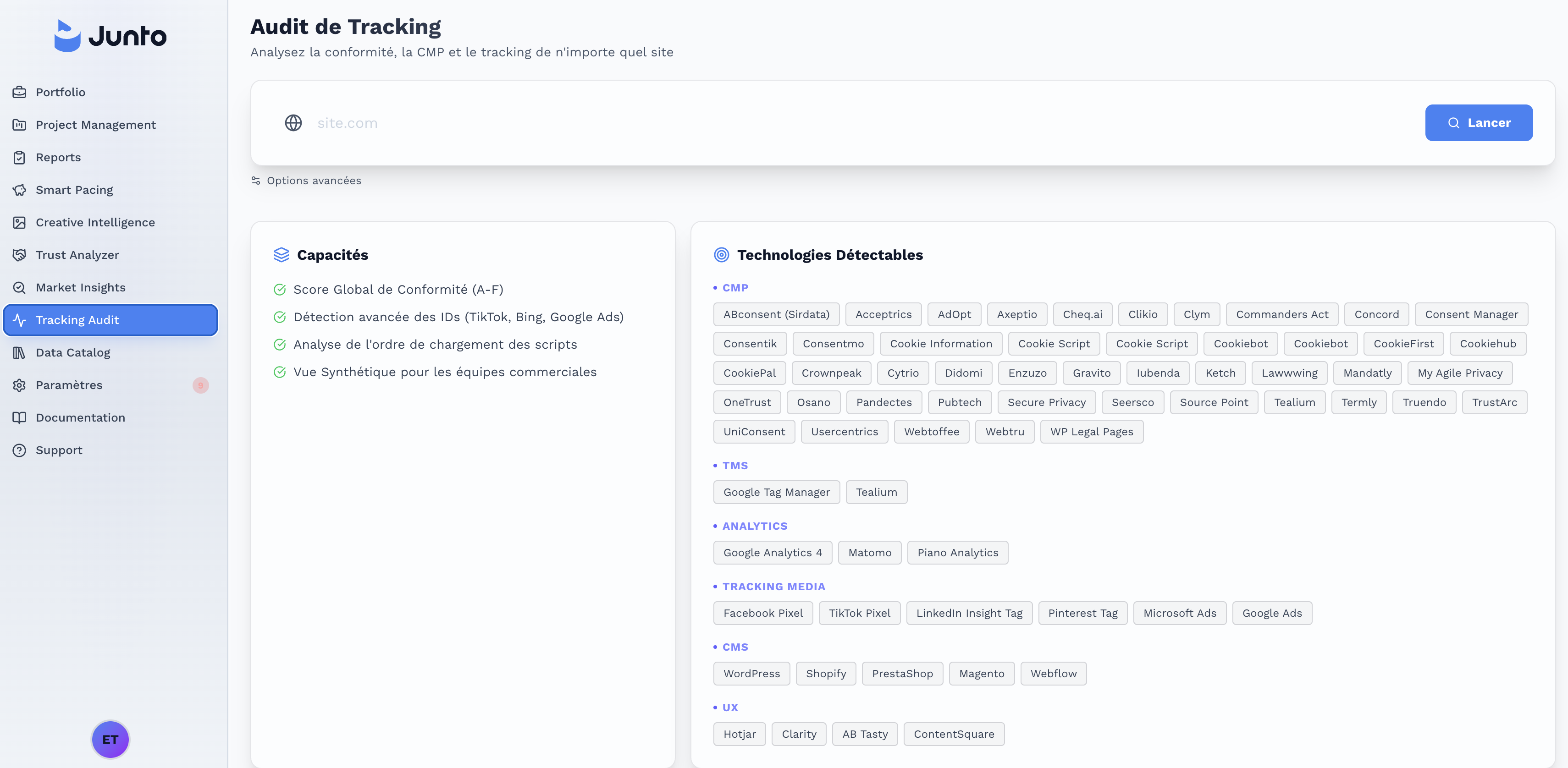 Capture de l'outil Tracking Audit : conformité et tracking de n'importe quel site, score A–F