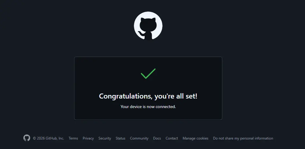 GitHub confirmation screen showing that the device has been successfully connected.