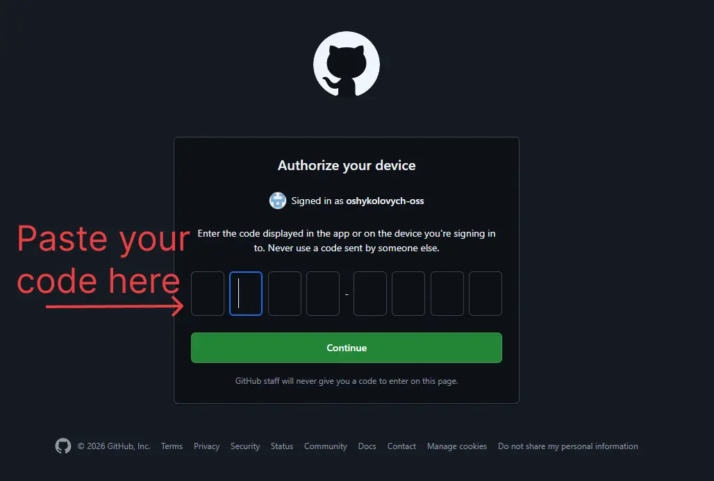 GitHub device authorization screen with empty code fields where the Cursor authentication code should be entered.