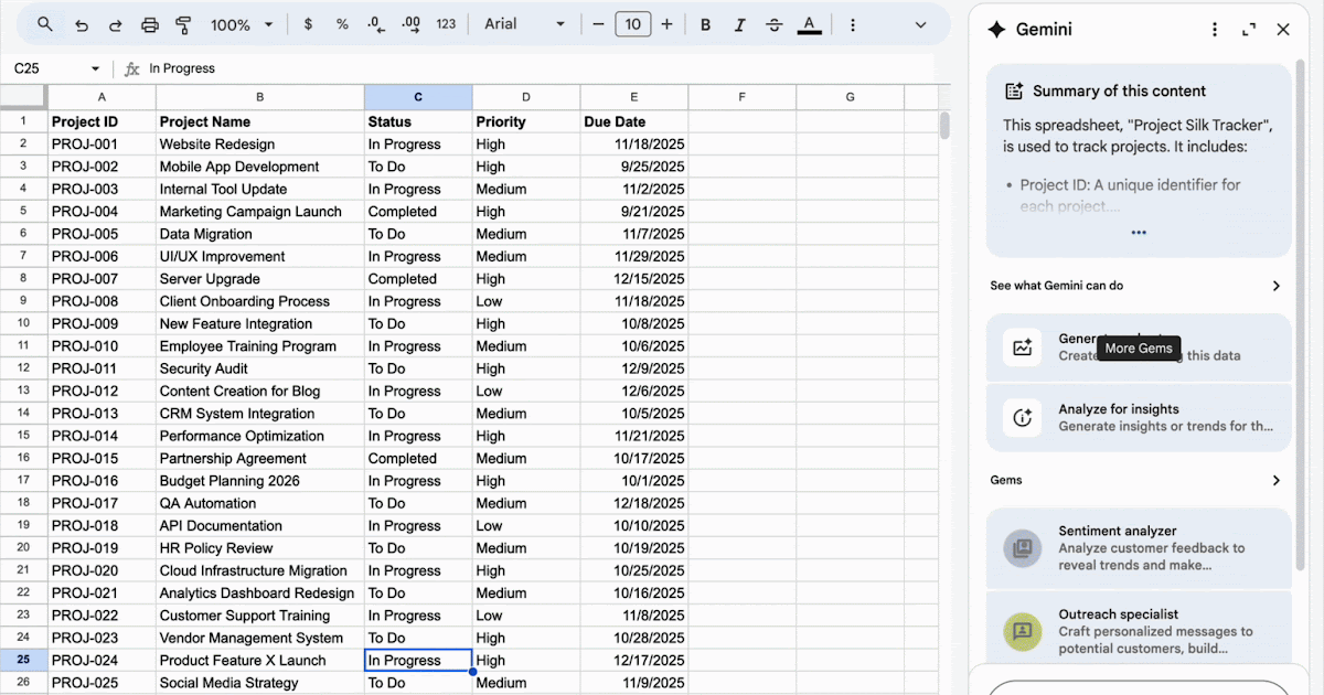 The image shows augmented analaytics features in Google Sheets, with its integration with Gemini