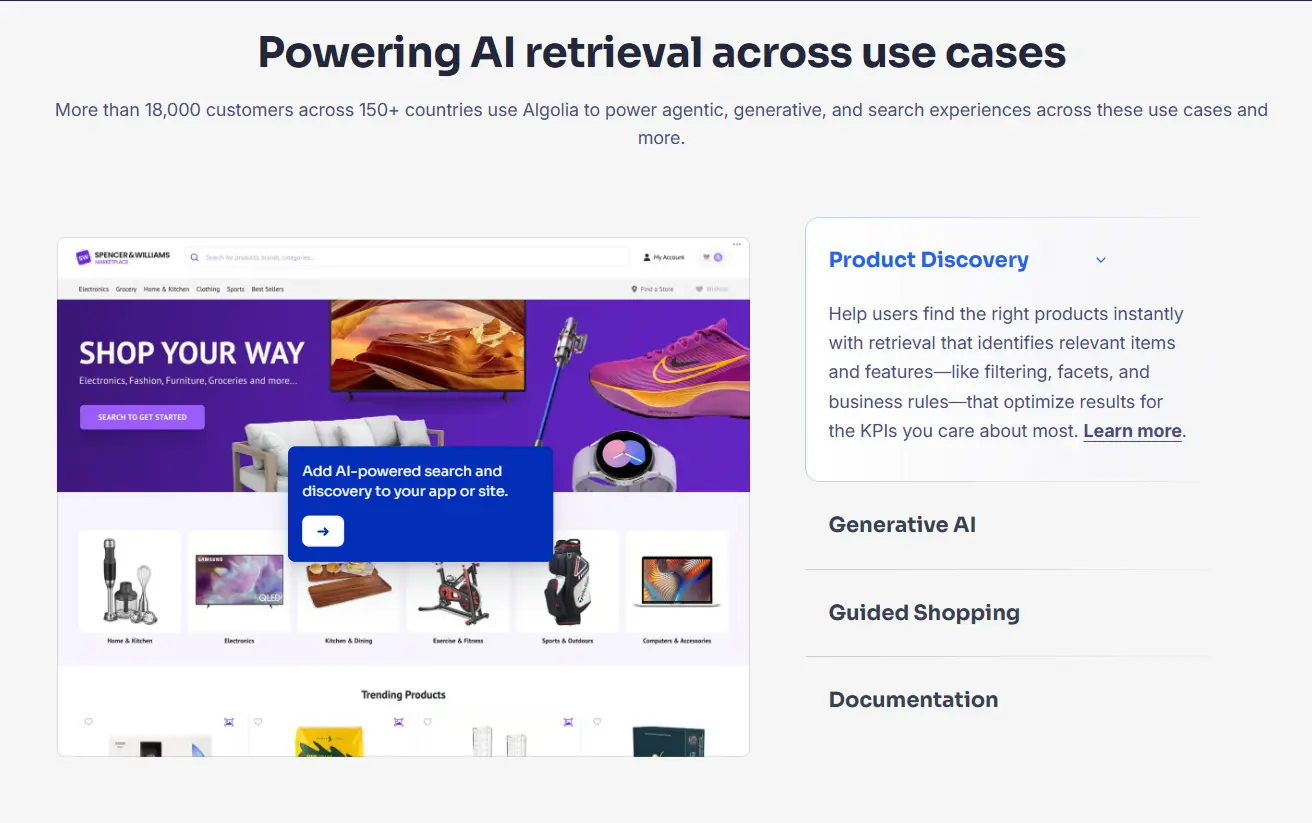 Algolia webpage showing an ecommerce storefront example illustrating AI-powered product discovery and search experience.