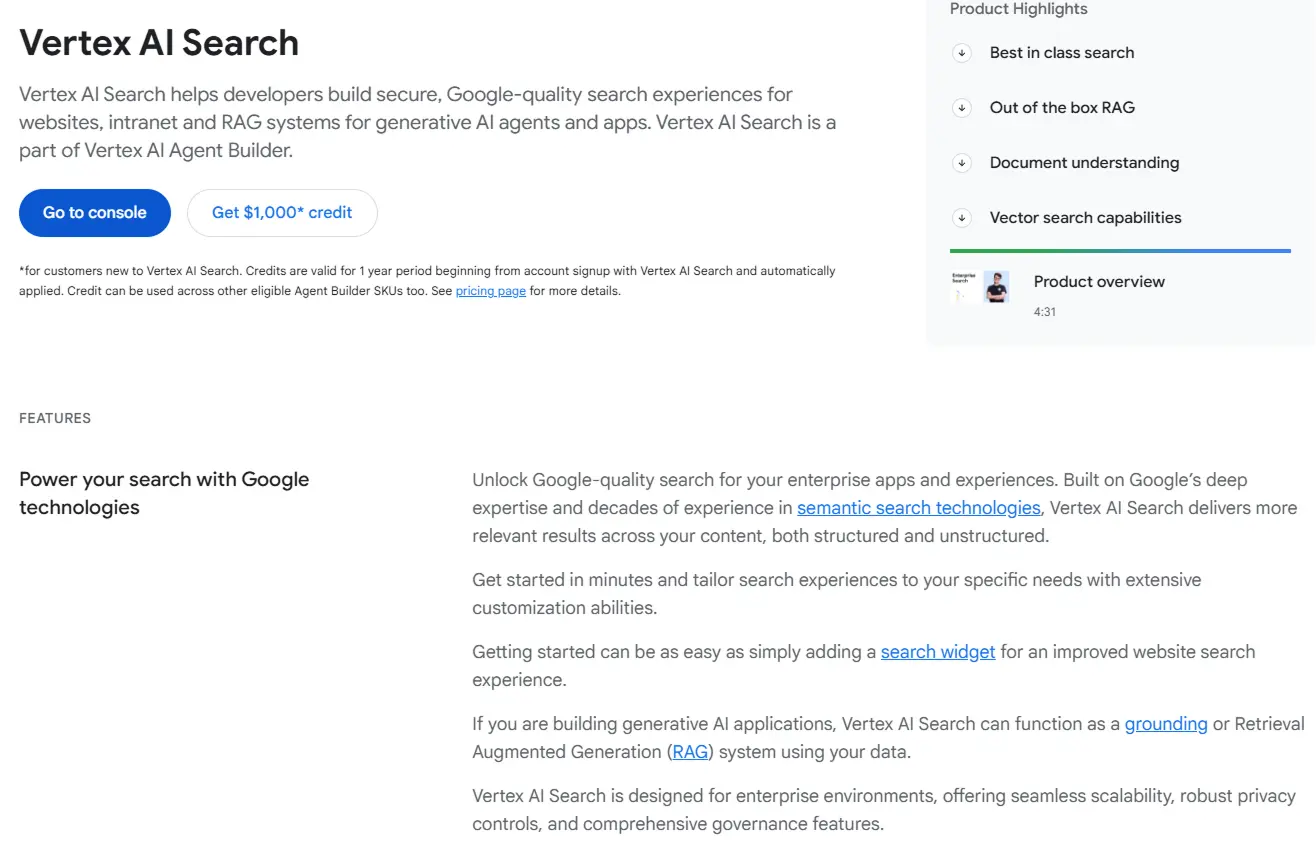 Google Cloud Vertex AI Search webpage section highlighting semantic search, vector search, document understanding, and RAG capabilities.
