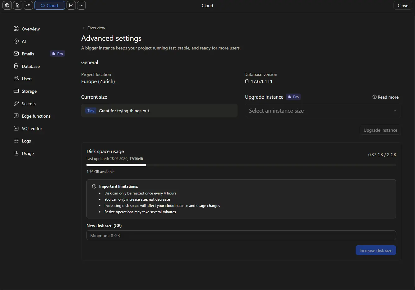 Lovable Cloud advanced settings page showing project region, database version, instance size, and disk space usage.