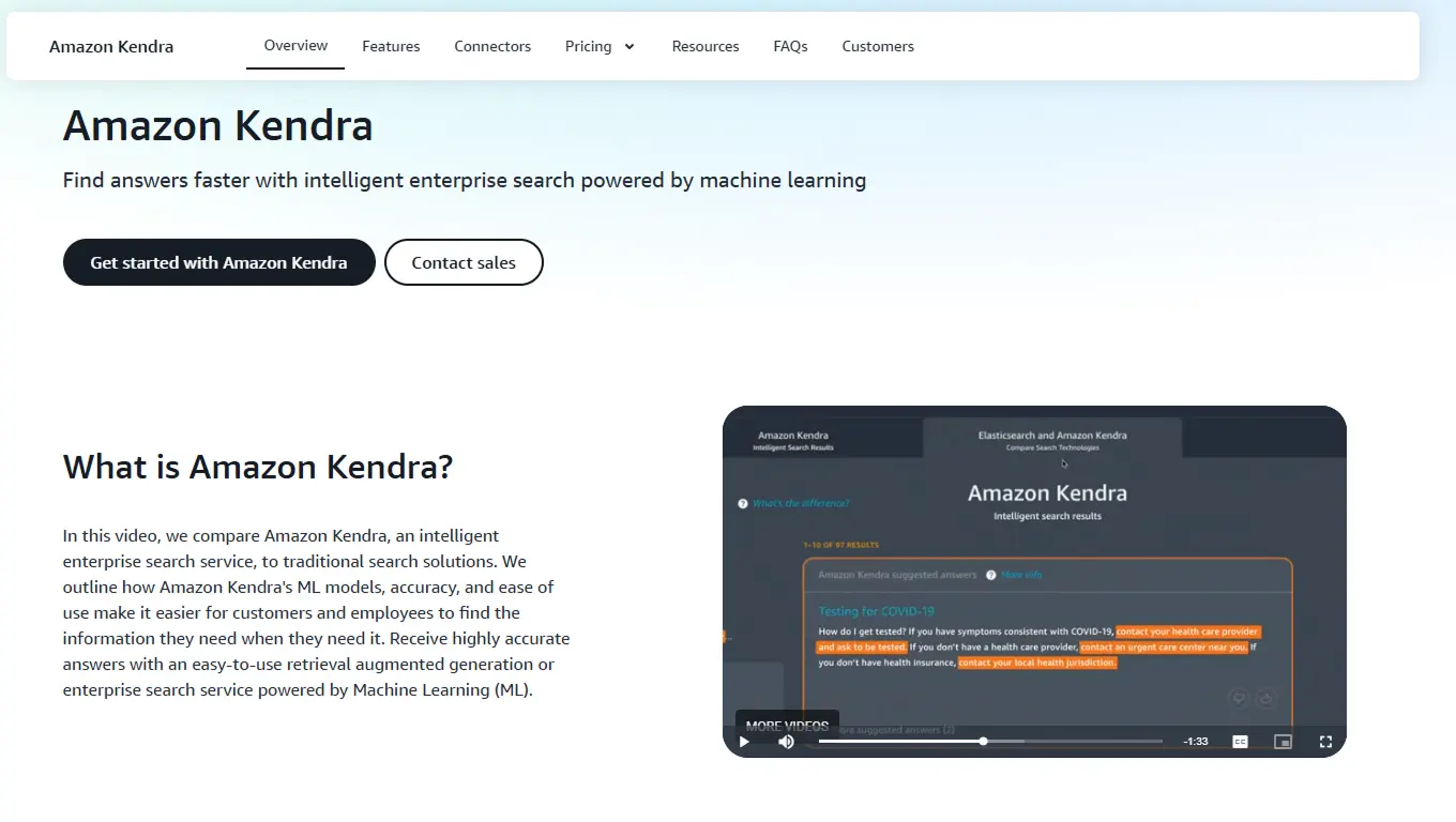 Amazon Kendra product page with headline about intelligent enterprise search powered by machine learning.
