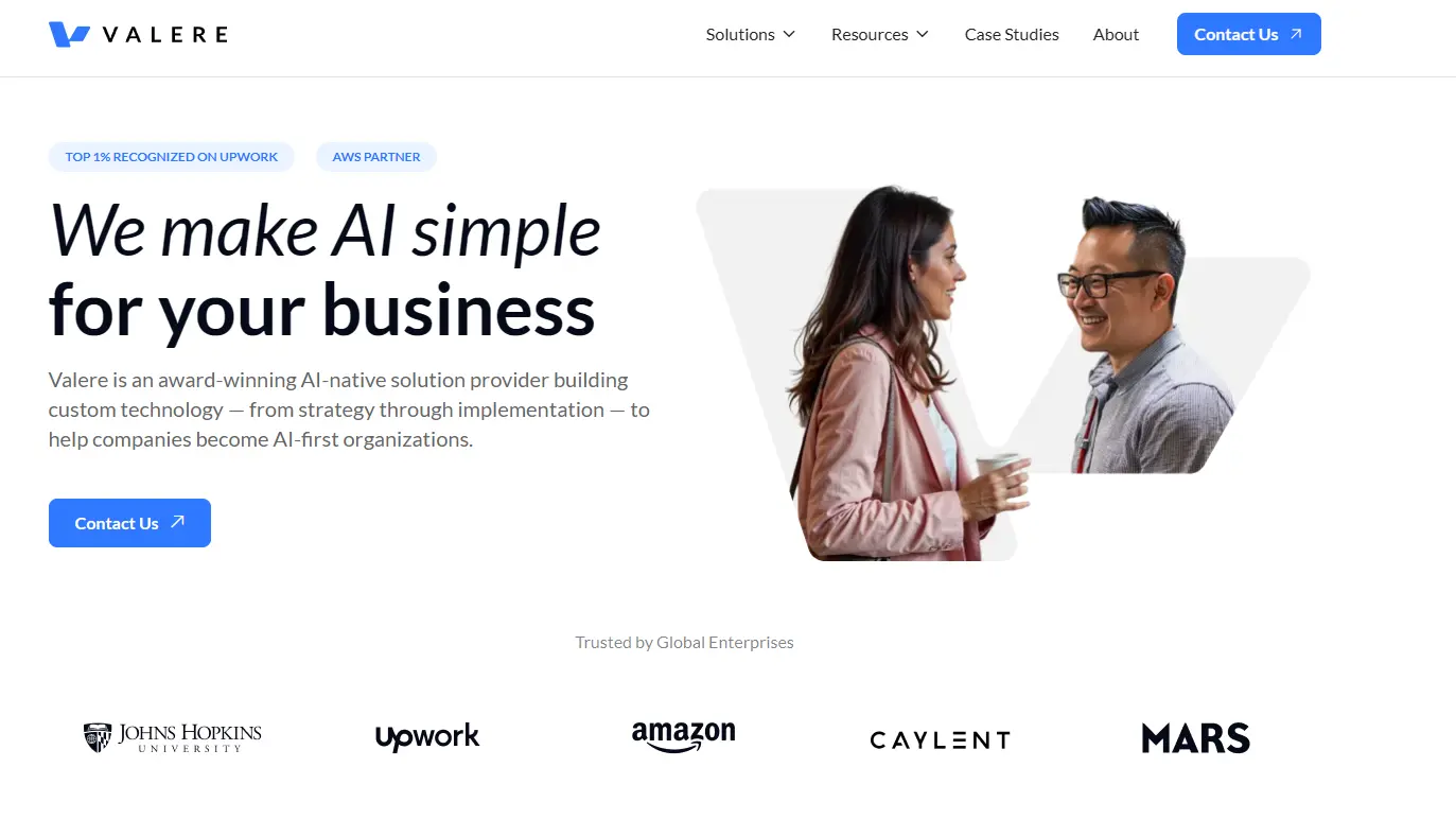 Valere website presenting AI transformation, generative AI solutions and enterprise AI MVP development.