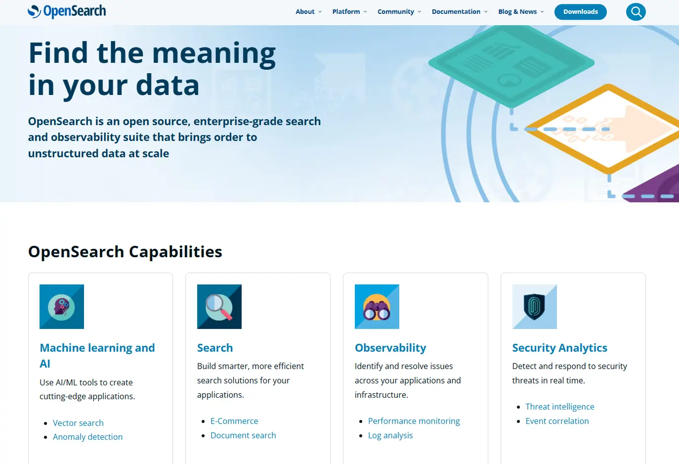 OpenSearch platform webpage describing enterprise search and observability tools for analyzing unstructured data.