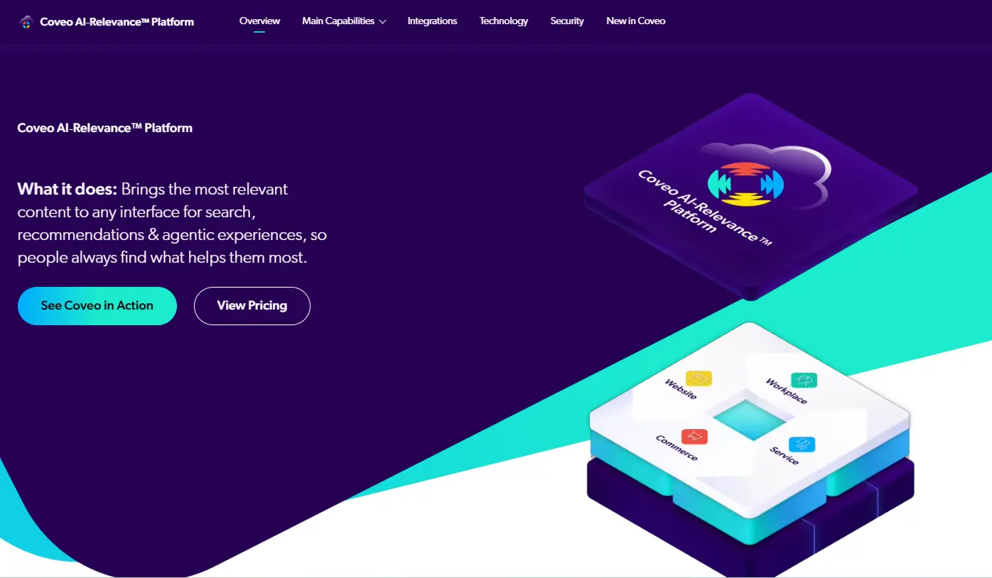 Coveo AI-Relevance Platform webpage with graphic illustrating search, recommendations, and agentic AI experiences across applications.