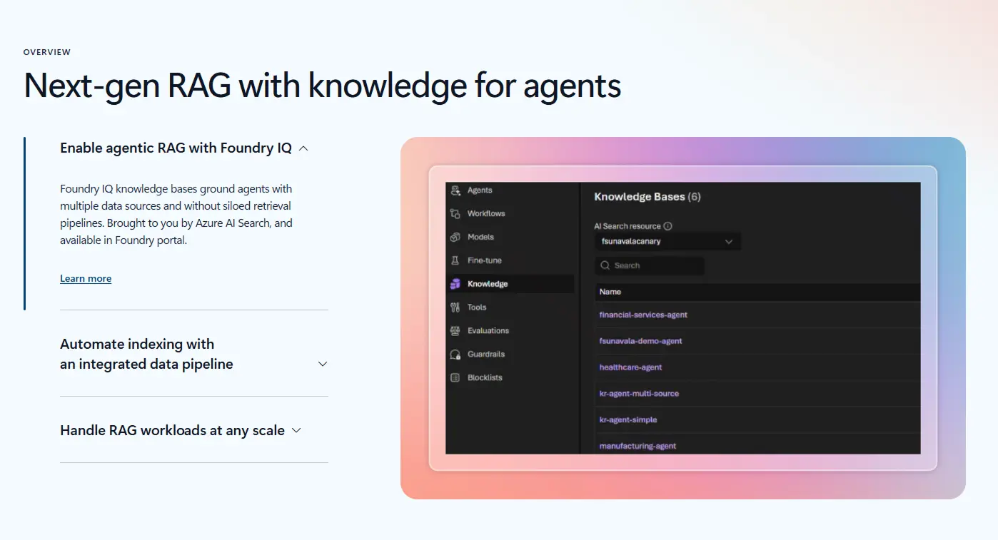 Microsoft Azure AI Search page describing next-generation RAG systems with knowledge bases for AI agents.