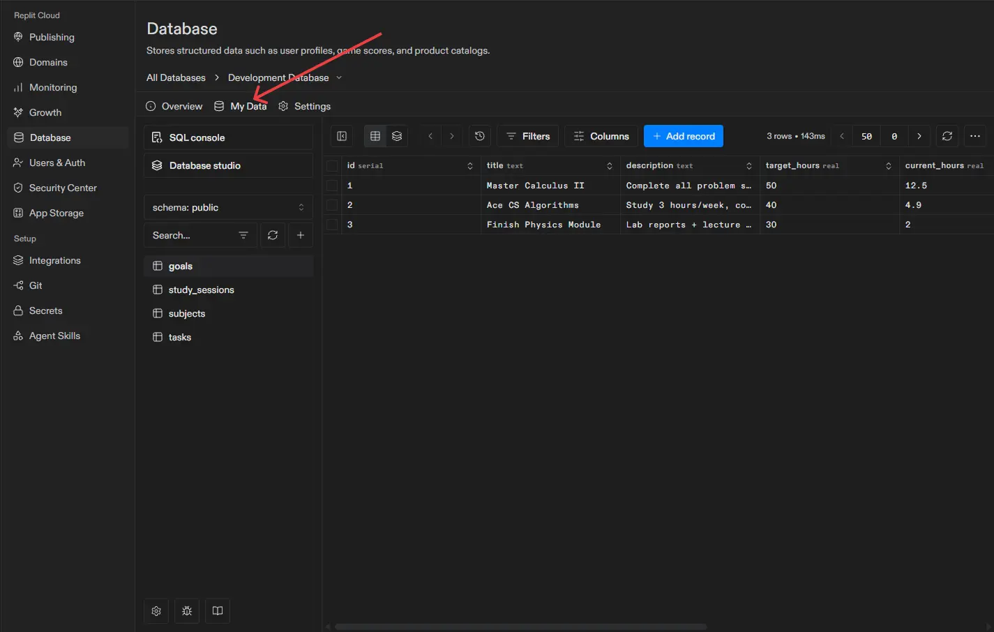 Replit Database My Data tab showing study planner tables and records from the goals table