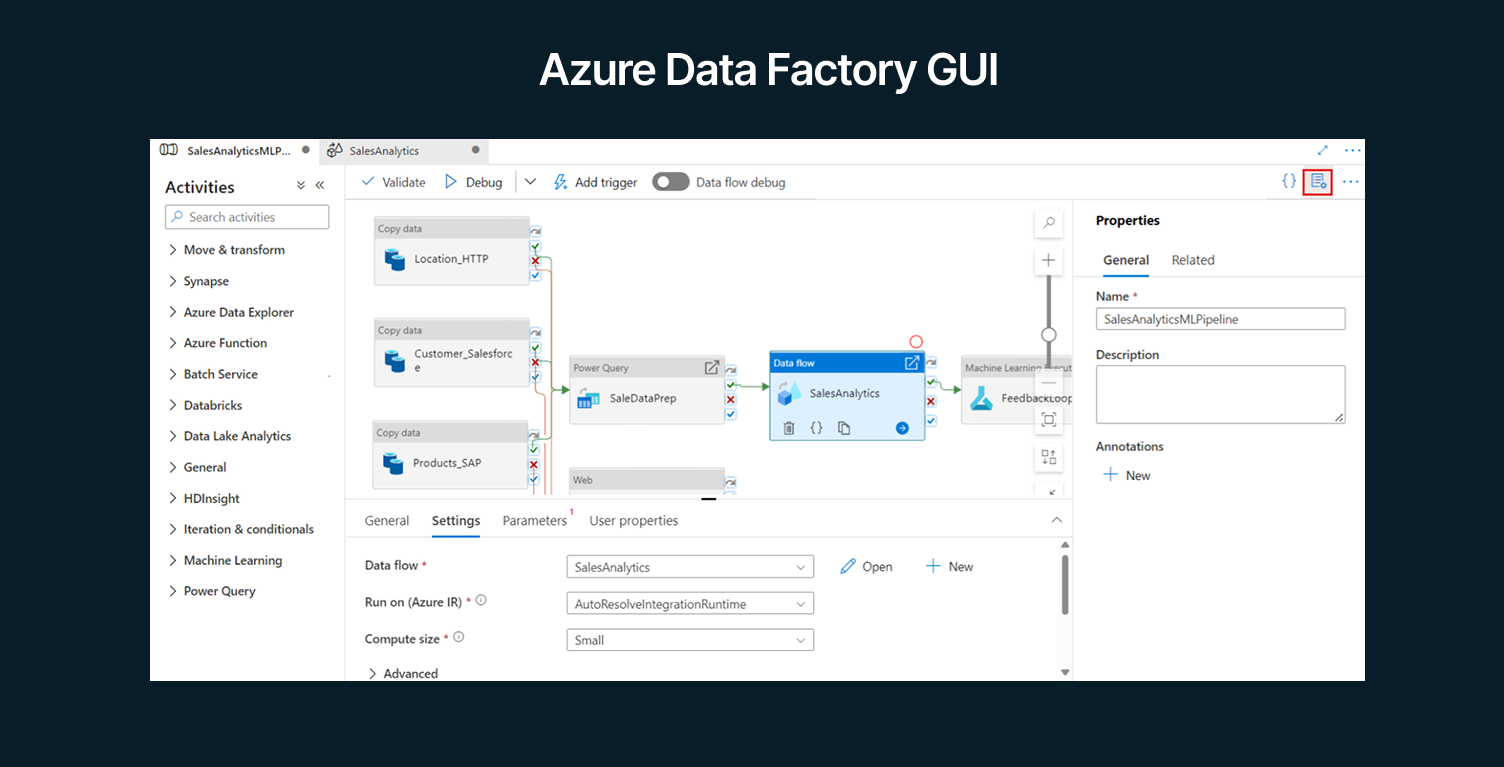 Data pipeline tools: An image showing GUI of Azure Data Factory