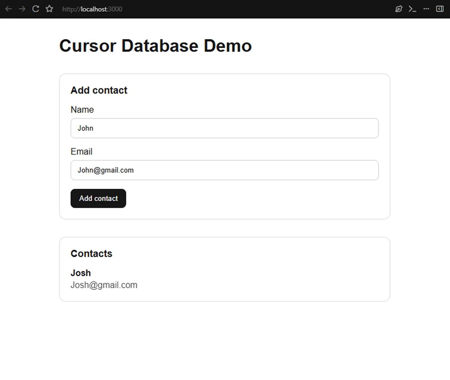 Cursor Database Demo with a form for adding a contact and a saved contact displayed below.
