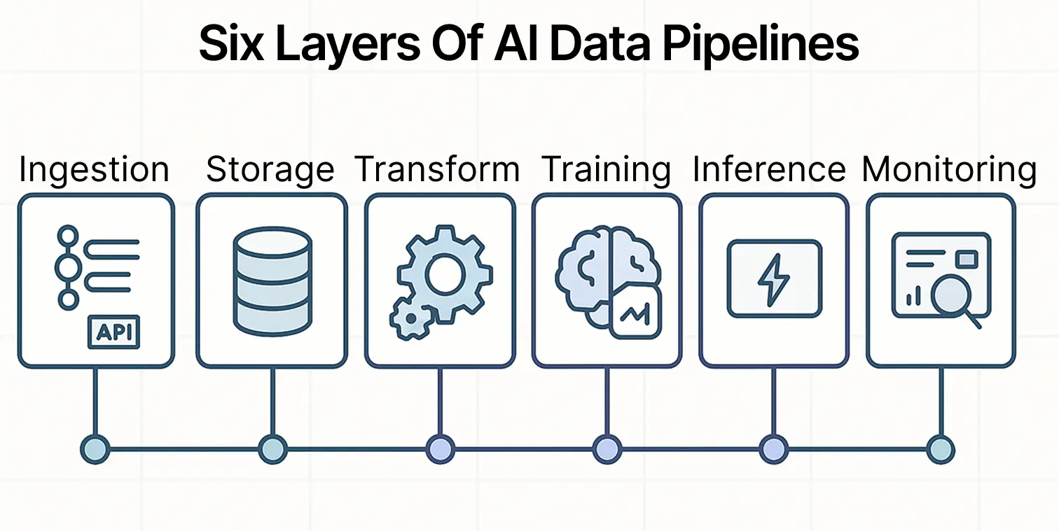 Diagram titled “Six Layers of AI Data Pipelines” showing an AI data pipeline with six connected stages: ingestion, storage, transform, training, inference, and monitoring, each represented by an icon.