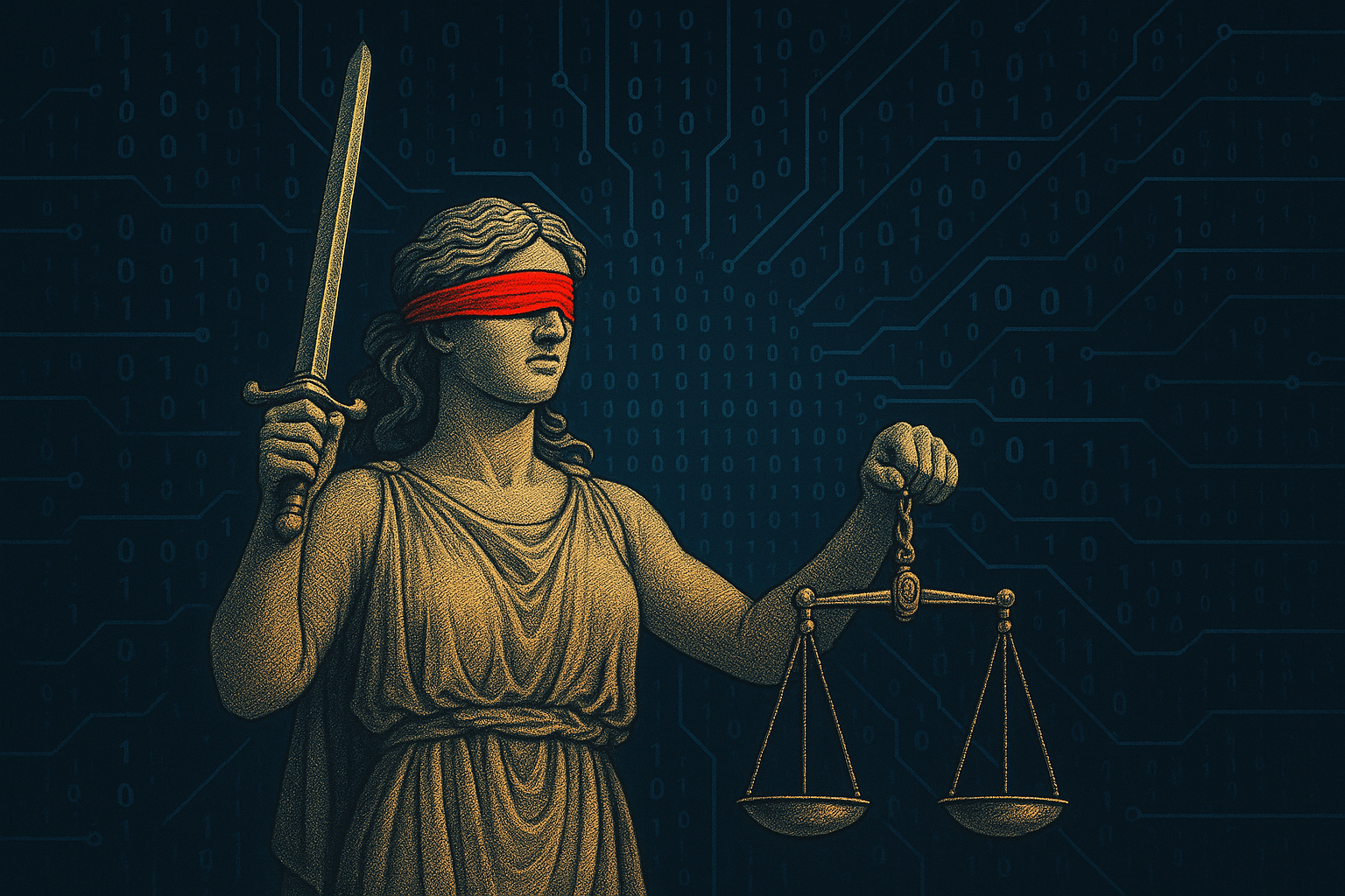 A title image for ai compliance article, lady justice in front of an AI system