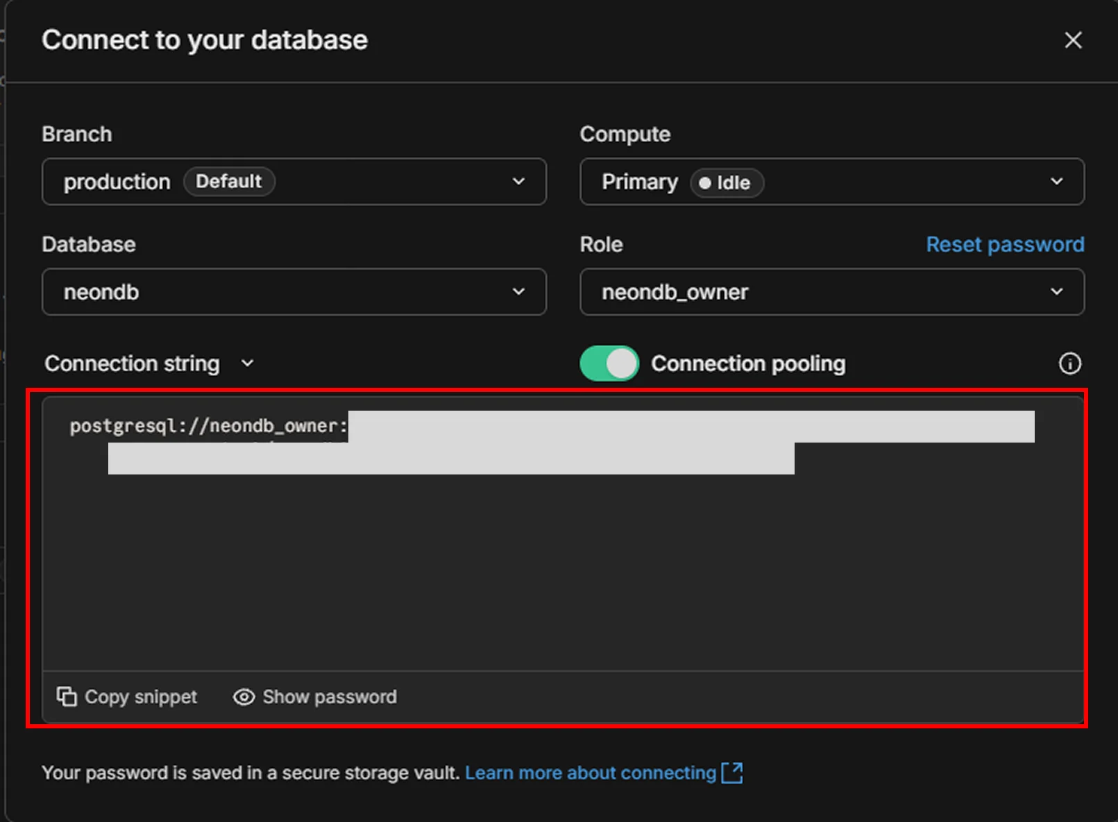 Neon connection window with the PostgreSQL connection string highlighted.