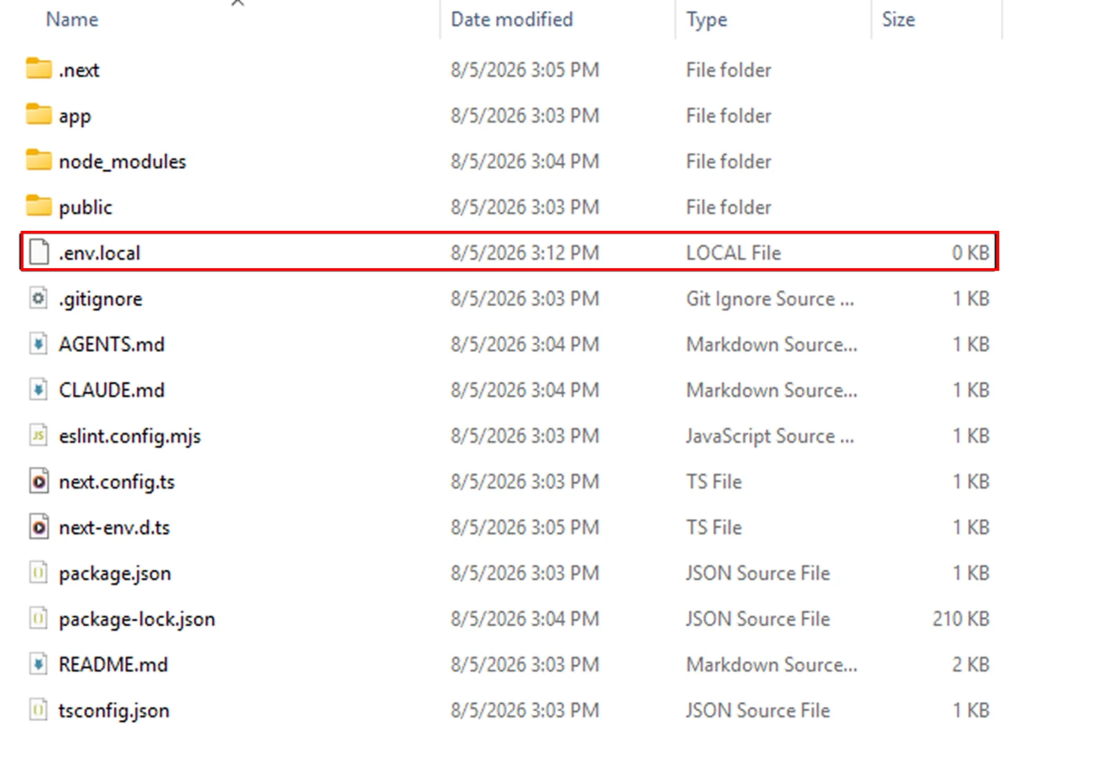 Project folder containing a highlighted .env.local file for storing the database connection string