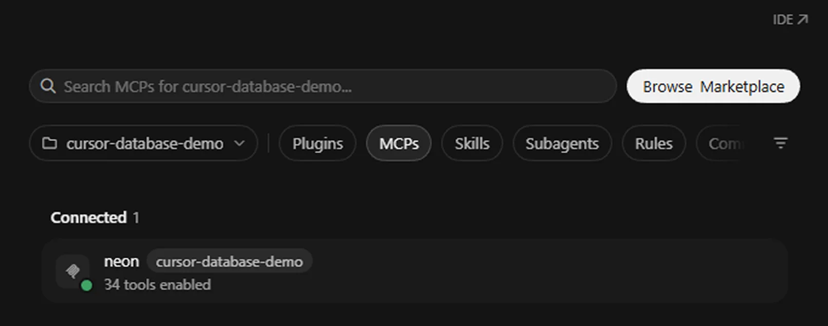 Neon MCP appears under the Connected tab after authorization. Cursor MCP settings showing Neon connected to the demo project with 34 tools enabled