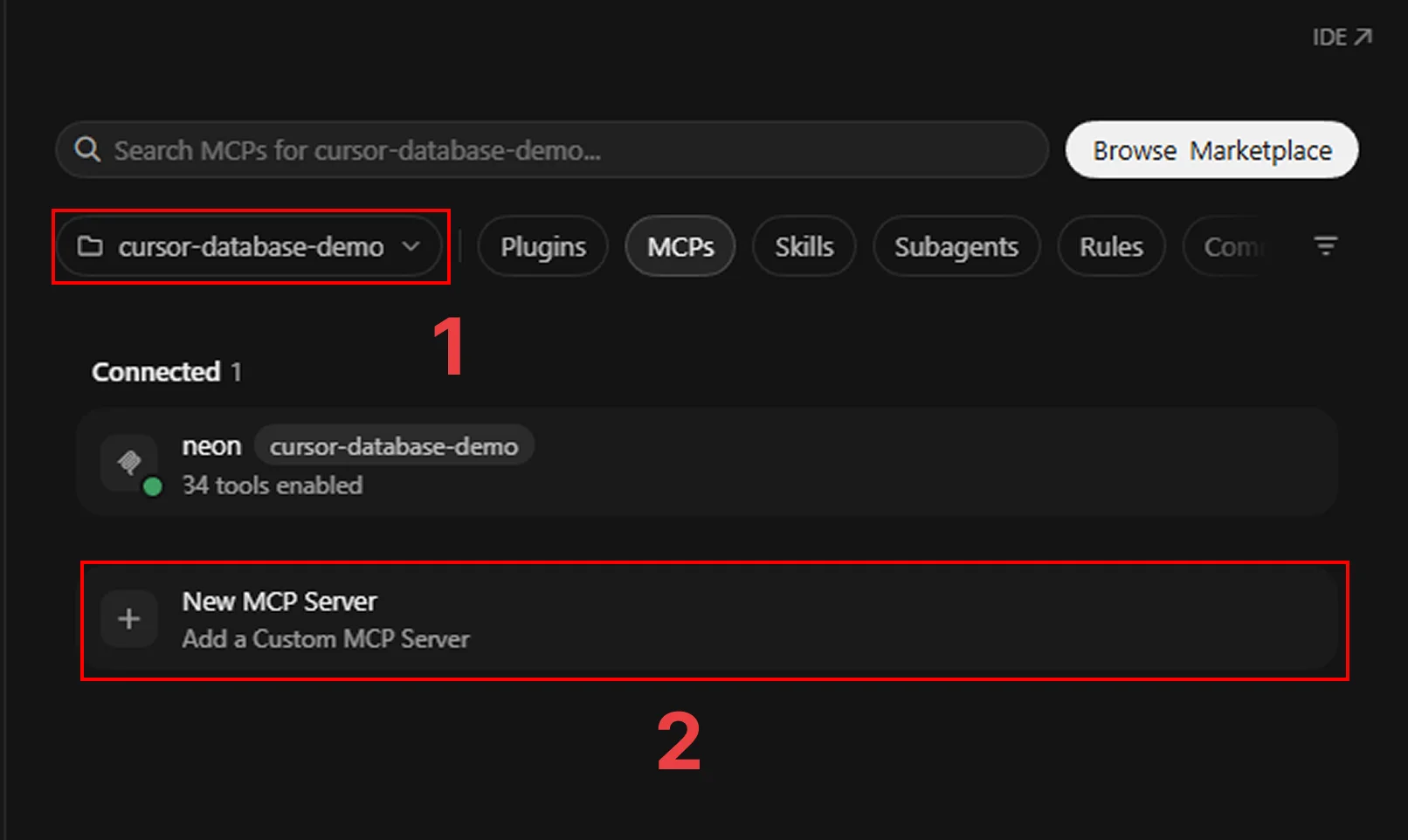 Cursor MCP settings with the project selector and New MCP Server button numbered