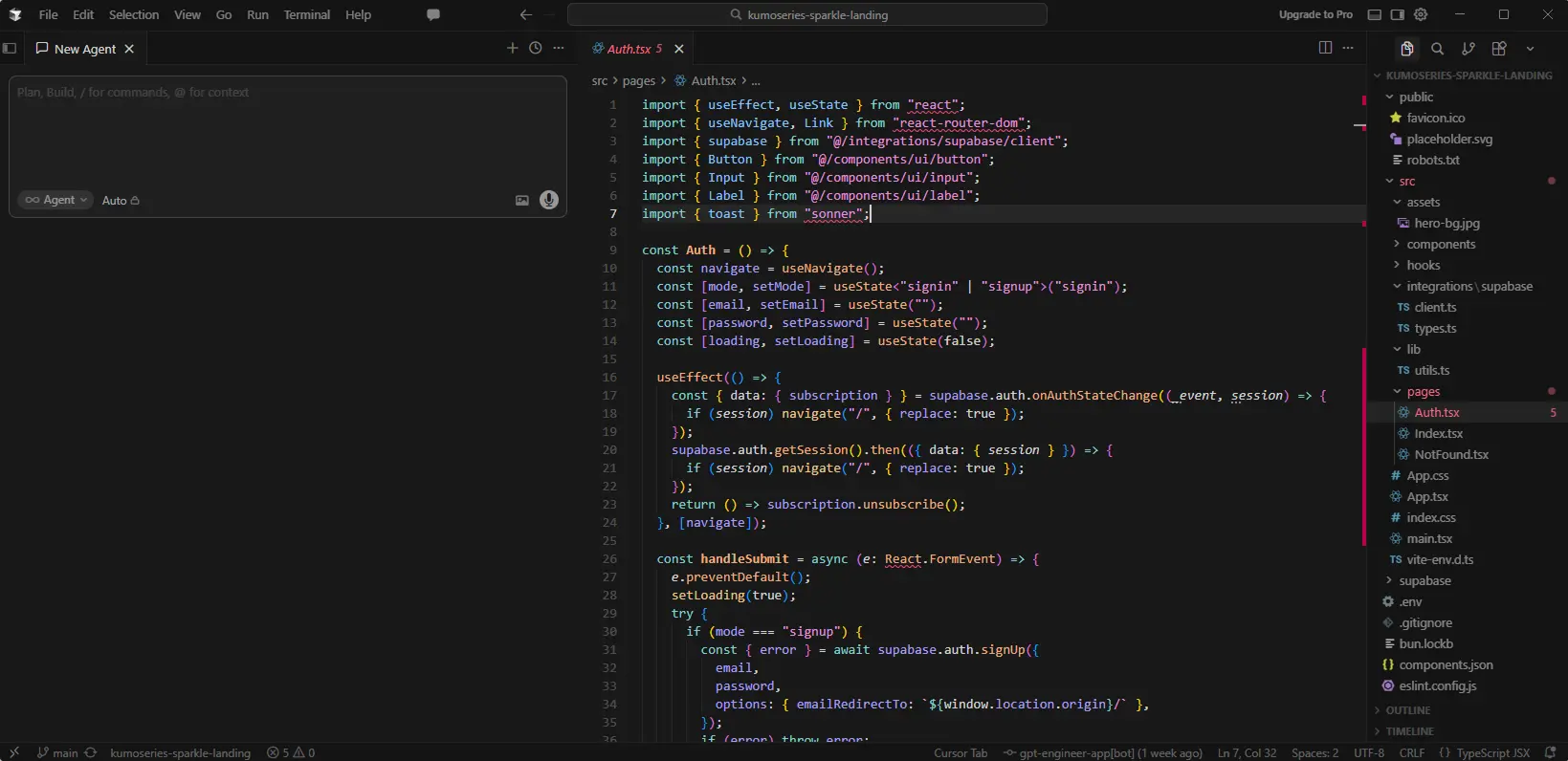 Cursor editor showing the cloned project opened with files in the sidebar and code in the main editor.