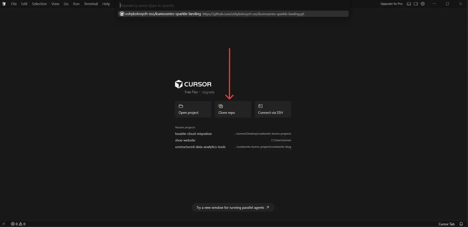 Cursor start screen with the Clone repo option highlighted.