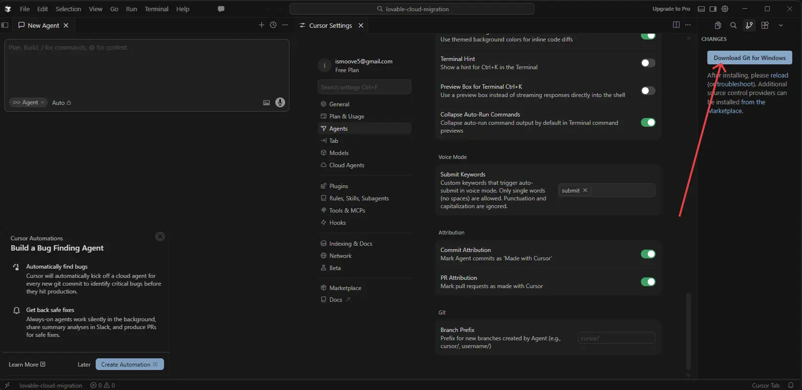 Cursor settings screen showing the Download Git for Windows button in the Git setup panel.