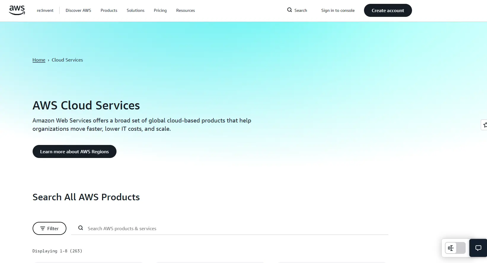 Screenshot of the Amazon Web Services (AWS) homepage highlighting cloud infrastructure, databases, and analytics capabilities.
