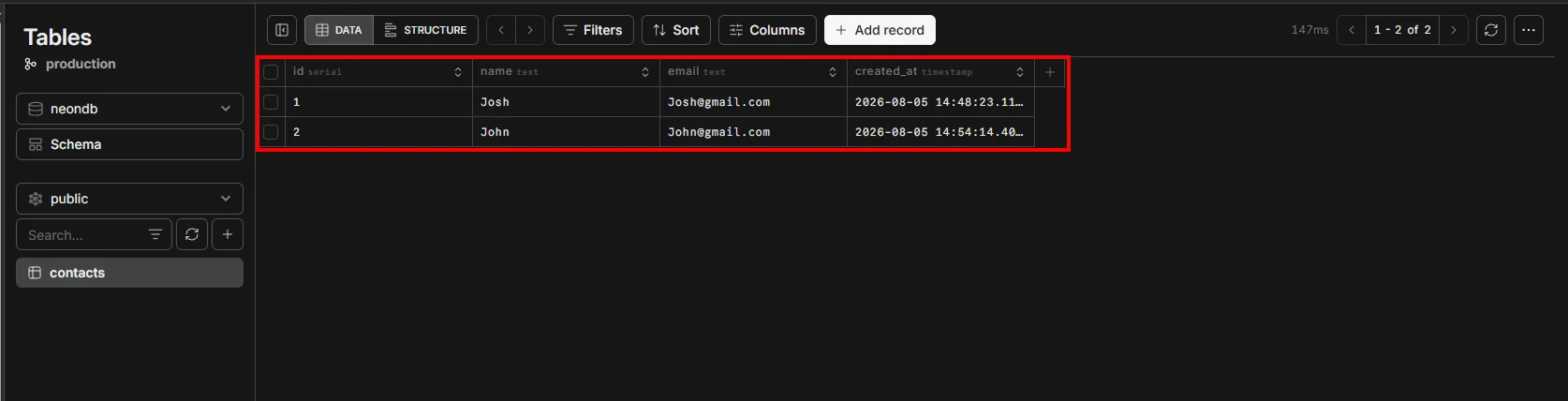 The submitted contacts appear as rows in the Neon database. Neon table browser showing two records in the contacts table of the production branch