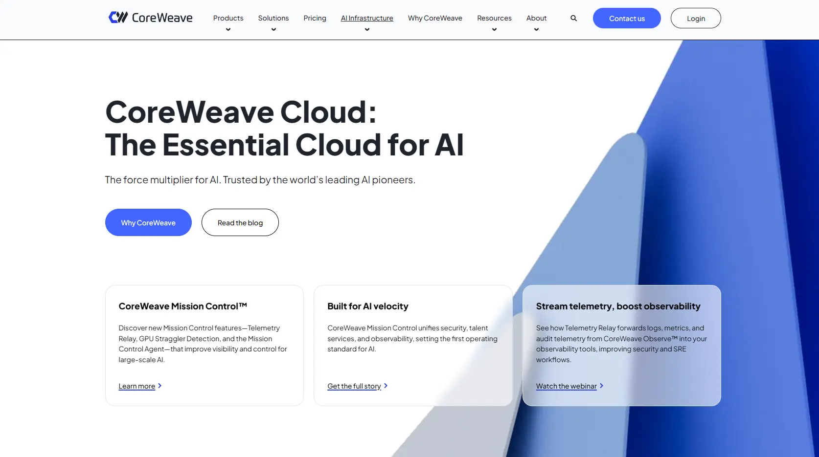 CoreWeave website highlighting specialized GPU cloud infrastructure for AI and machine learning.