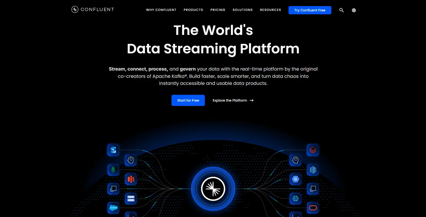 Confluent website overview demonstrating managed Apache Kafka and real-time data streaming solutions.