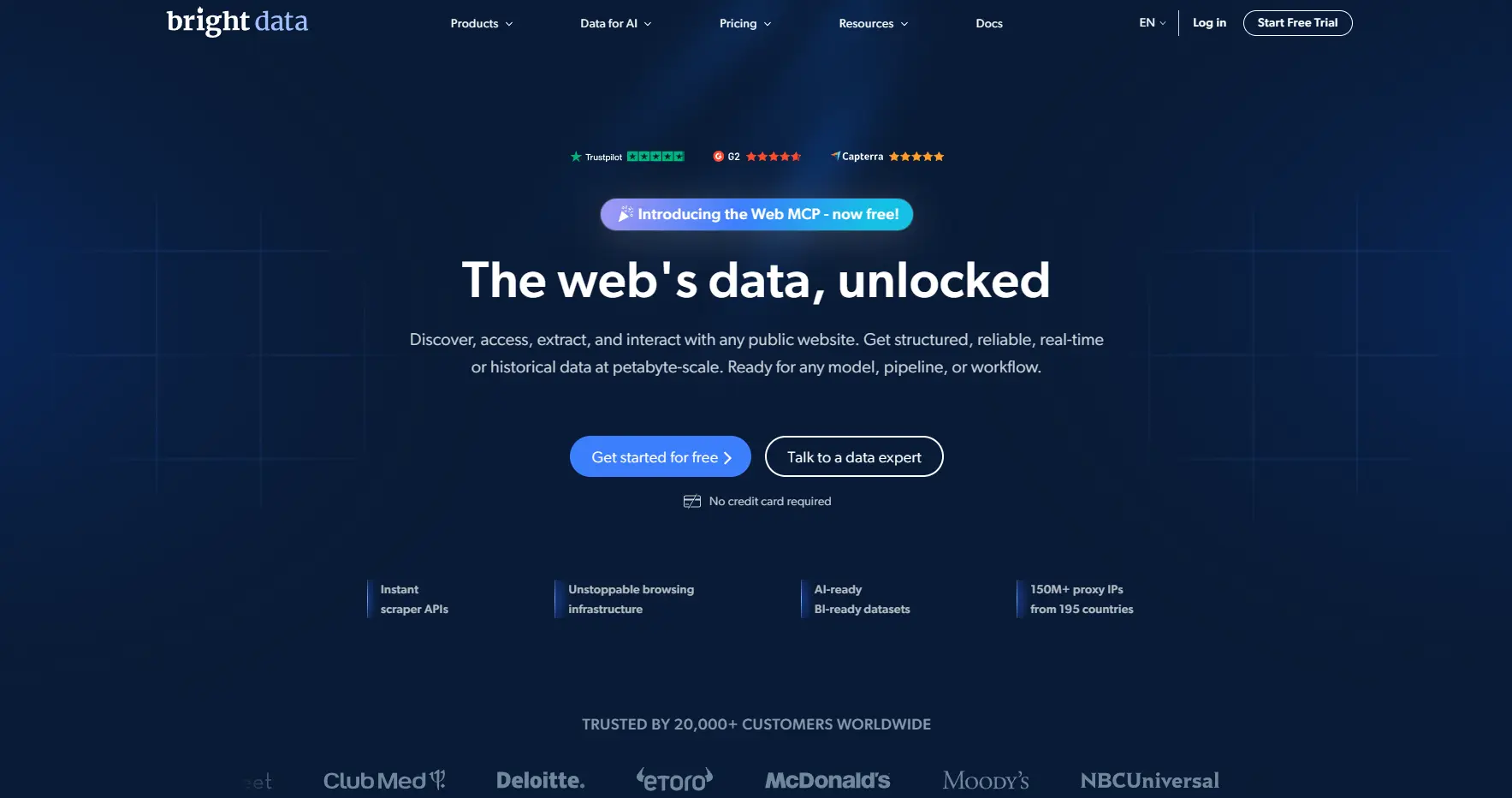 Bright Data platform homepage demonstrating web data collection and proxy infrastructure tools.
