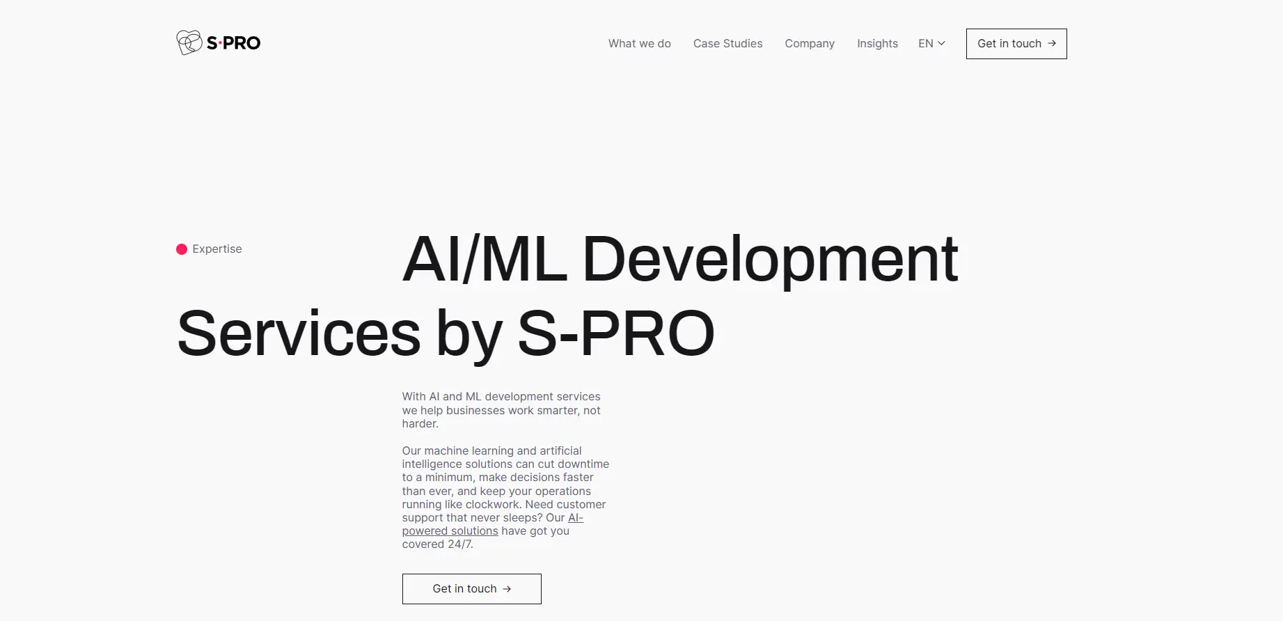 S-PRO website section promoting full-cycle AI and ML solution design for MVP and product builds.