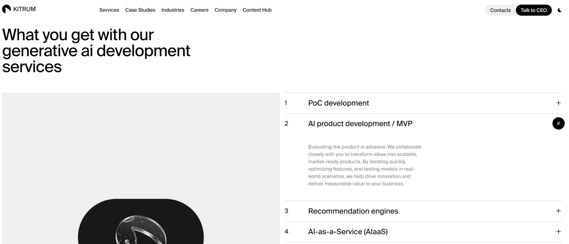 Kitrum homepage featuring custom software and AI MVP development services.