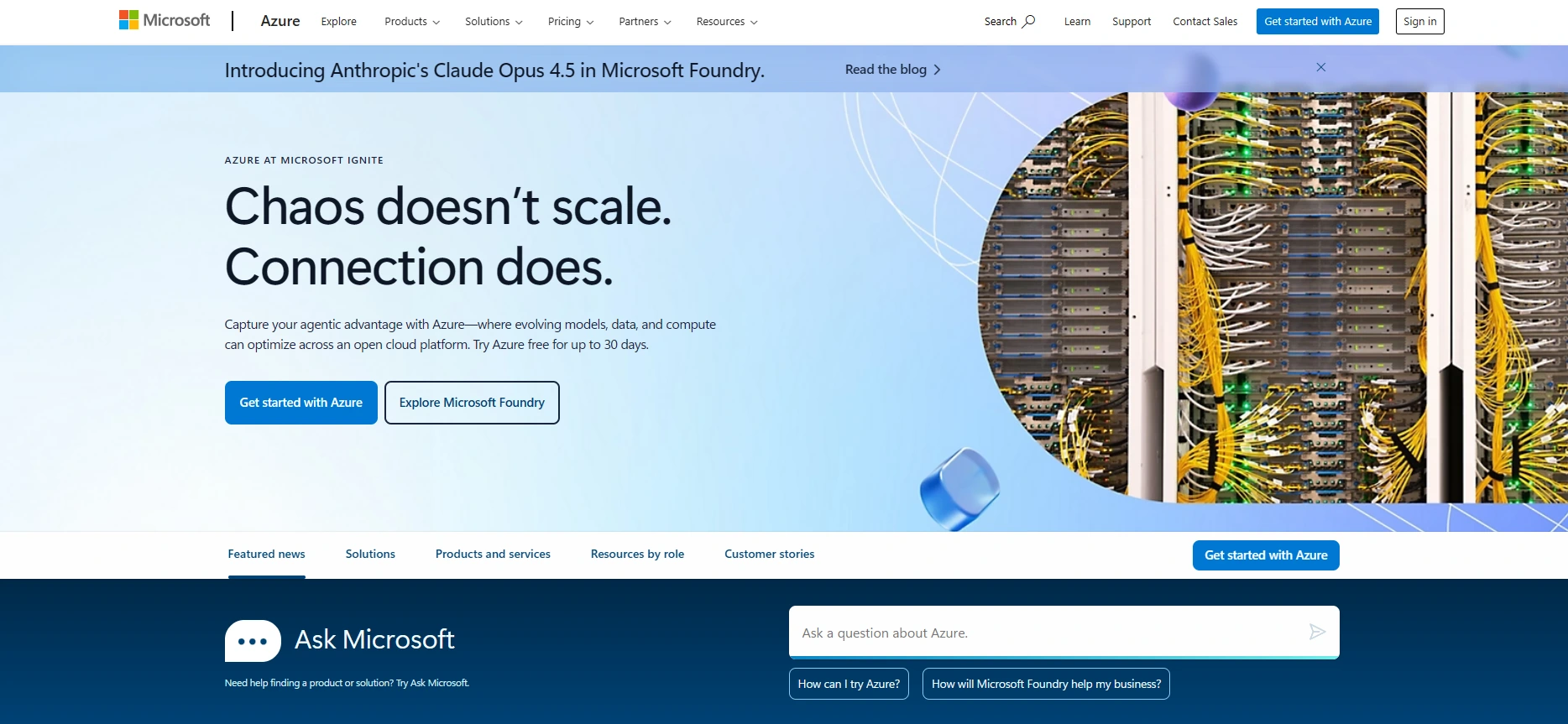 icrosoft Azure homepage showcasing enterprise cloud analytics and integrated AI infrastructure.