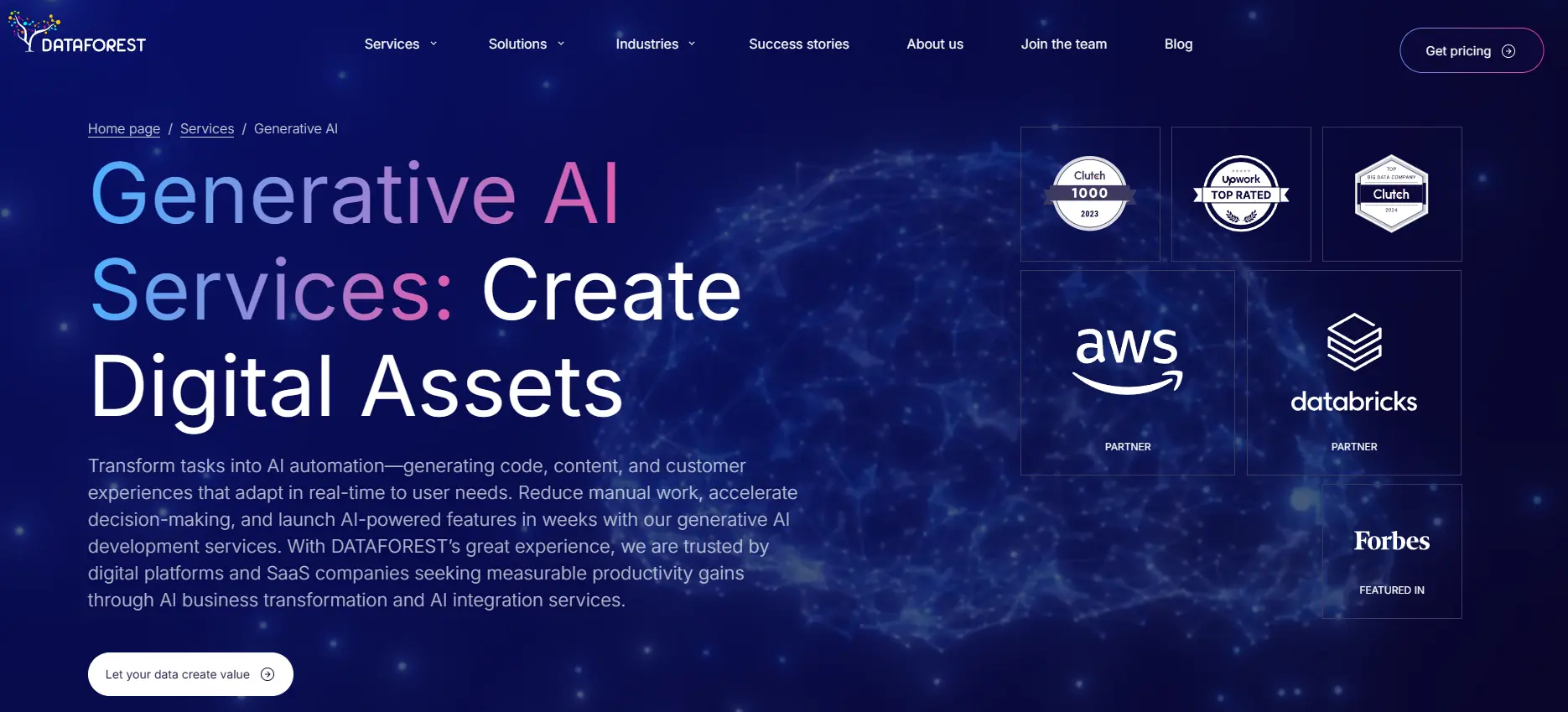 DATAFOREST homepage highlighting data-driven AI products, PoC and AI MVP development programs.