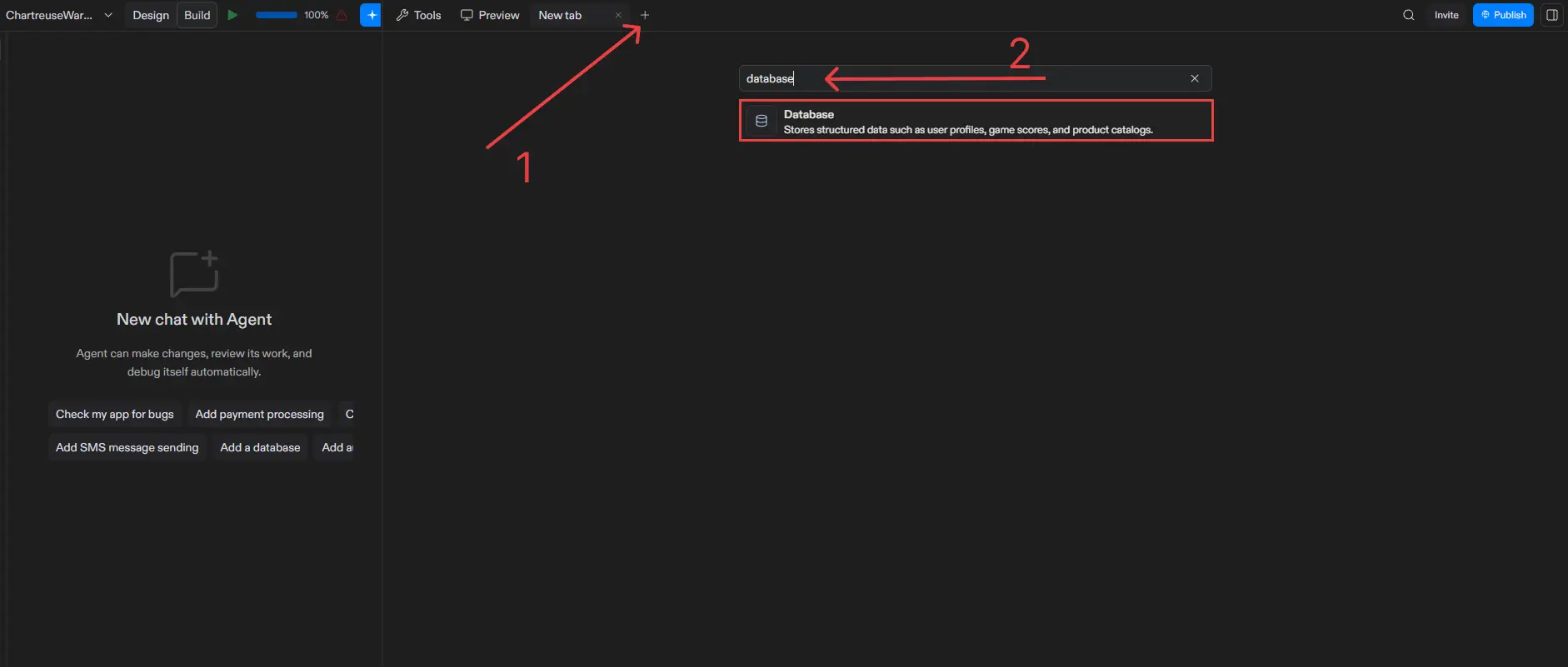 Replit Project Editor with a new tab open, showing “database” entered in search and the Database tool highlighted