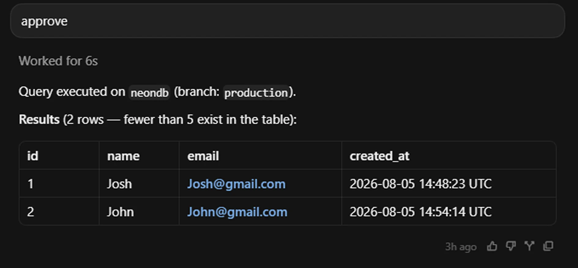 Cursor Agent displaying two contact records returned by a Neon MCP SQL query