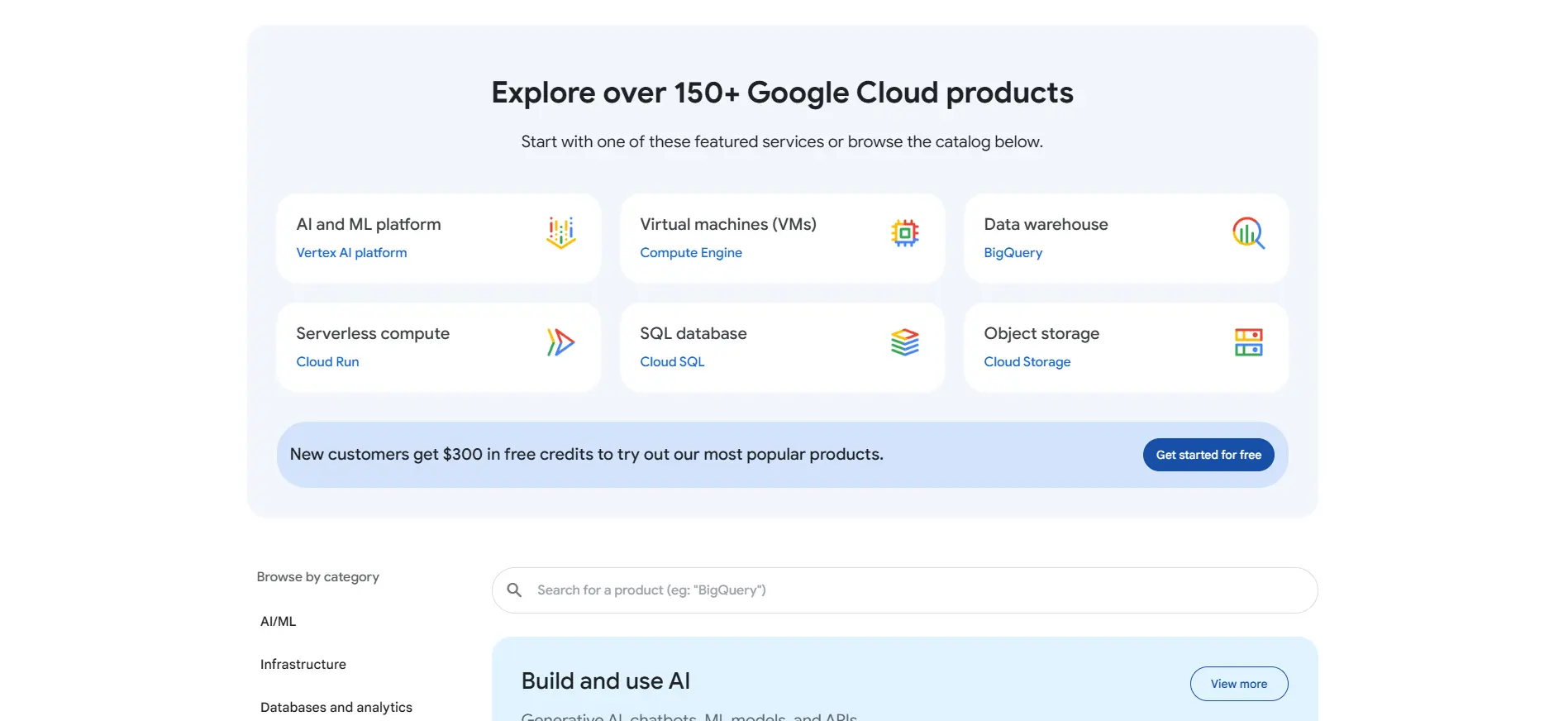 Google Cloud Platform (GCP) website interface showing over 150+ Google Cloud products..