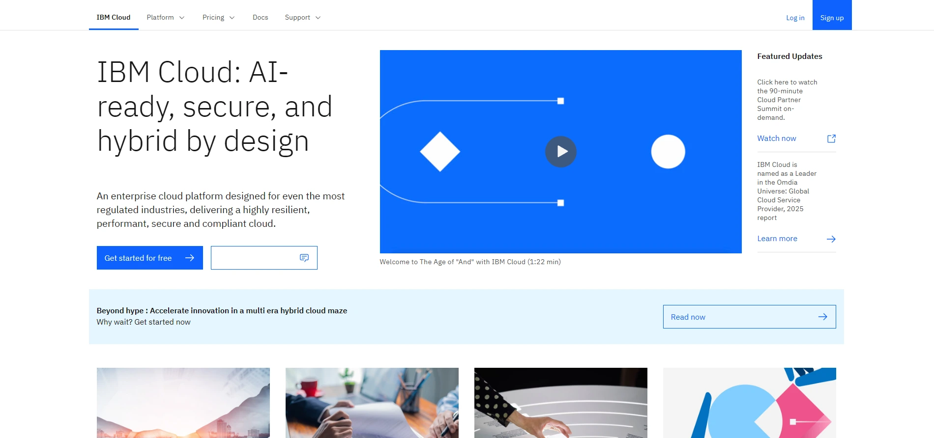 IBM Cloud website display featuring hybrid cloud infrastructure and watsonx AI data platform tools.