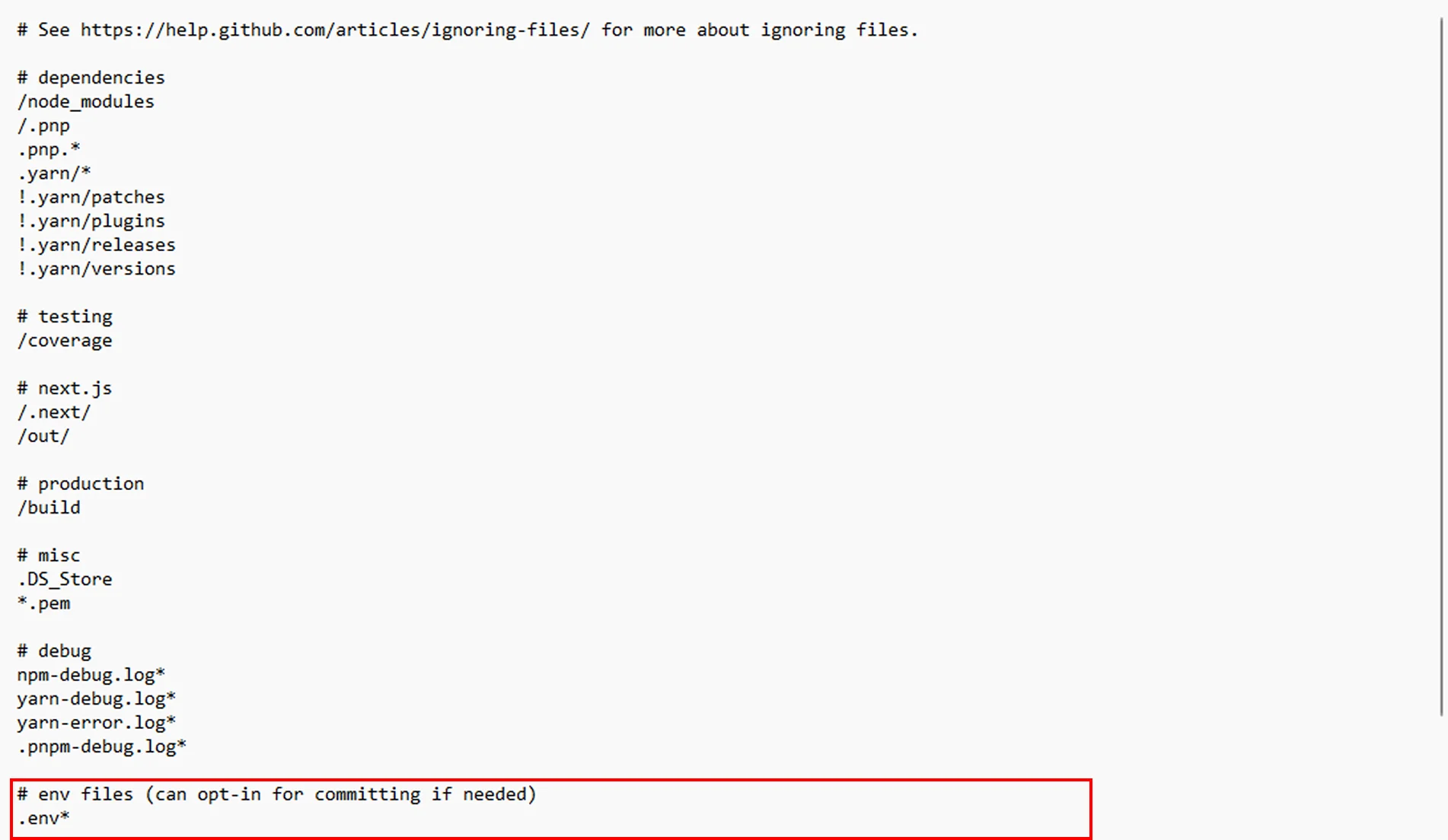 Confirm that .gitignore excludes environment files before adding database credentials. .gitignore file with the .env rule highlighted to exclude environment files from Git