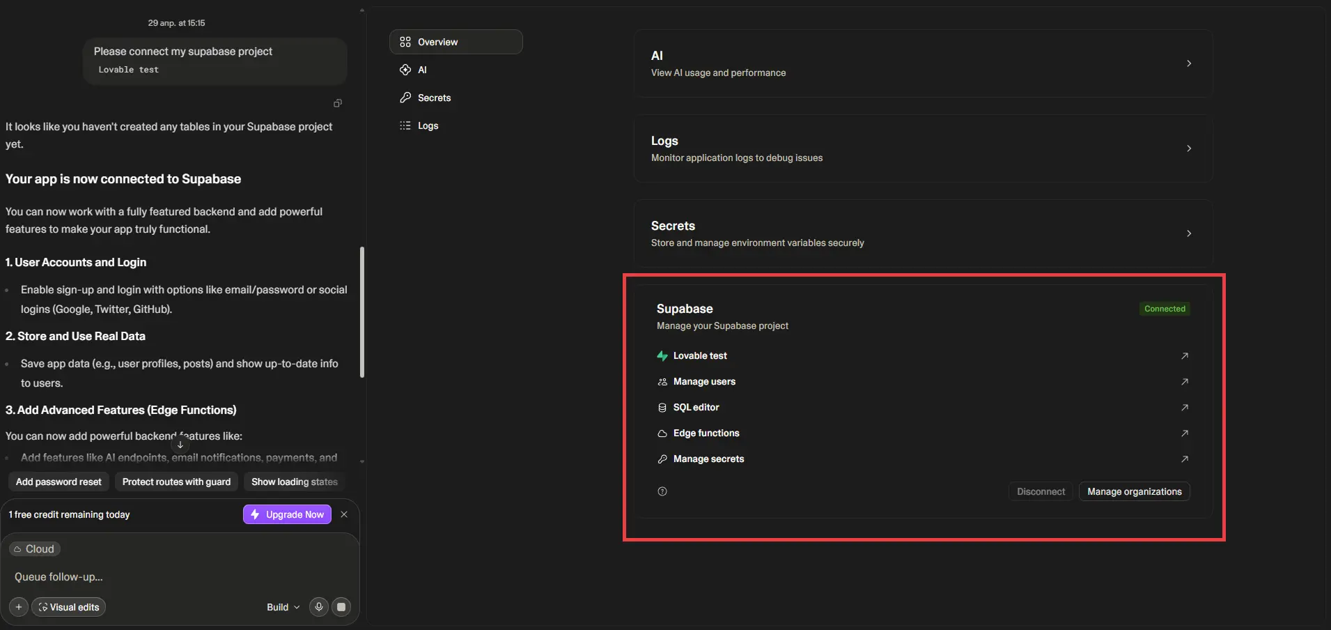Lovable Cloud settings showing a connected Supabase project named Lovable test with links to users, SQL editor, edge functions, and secrets.
