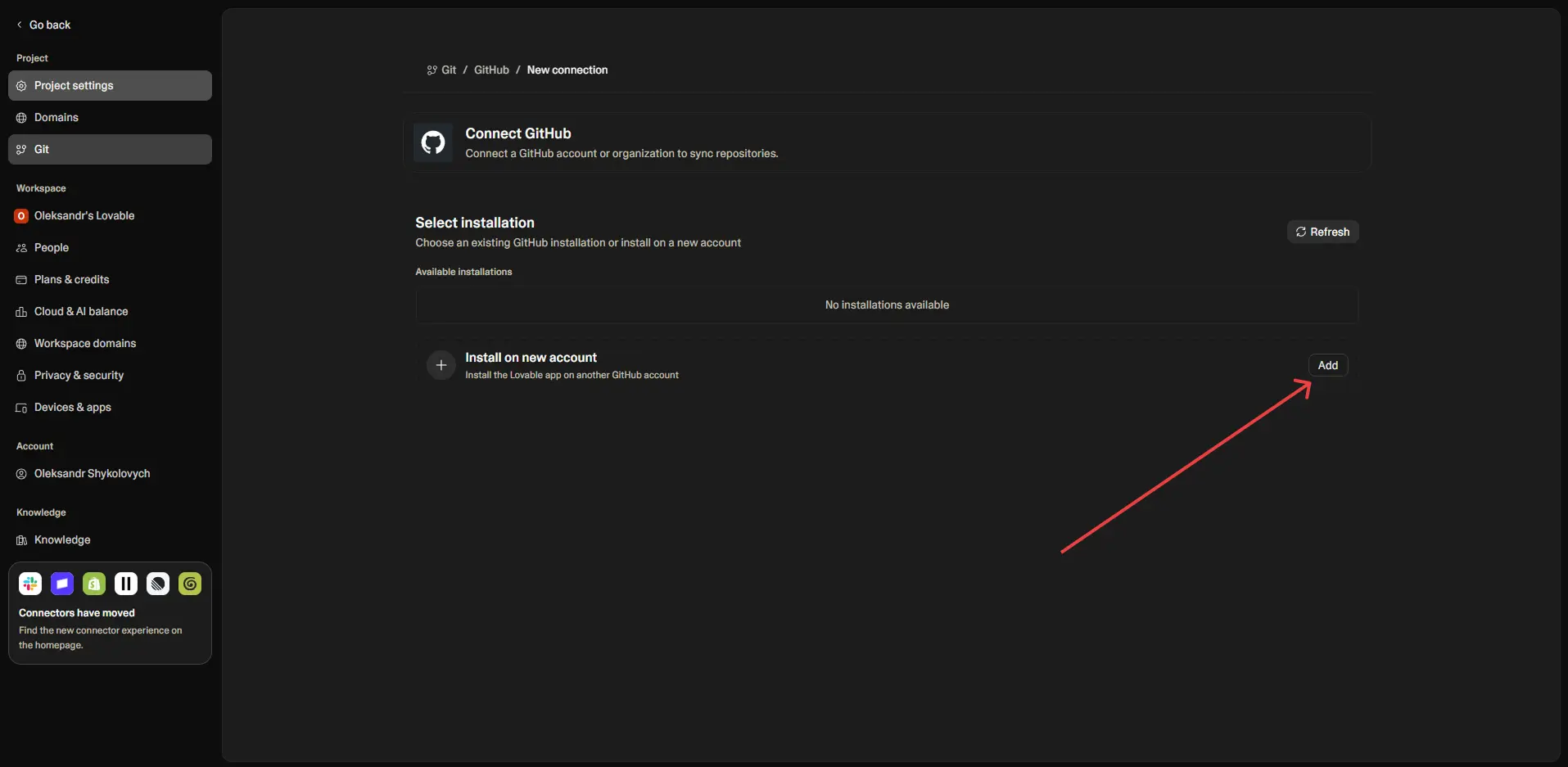 Lovable Git settings page showing the Add button under Install on new account.