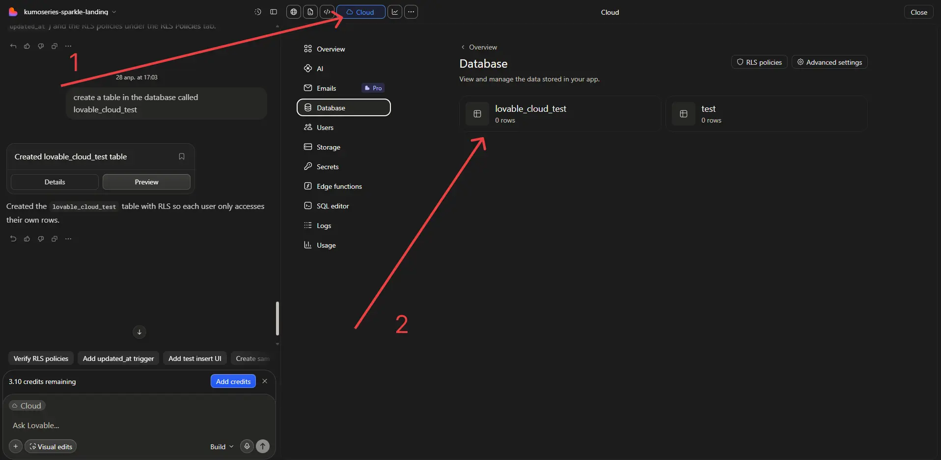Lovable Cloud database view showing the newly created lovable_cloud_test table inside a Lovable project.