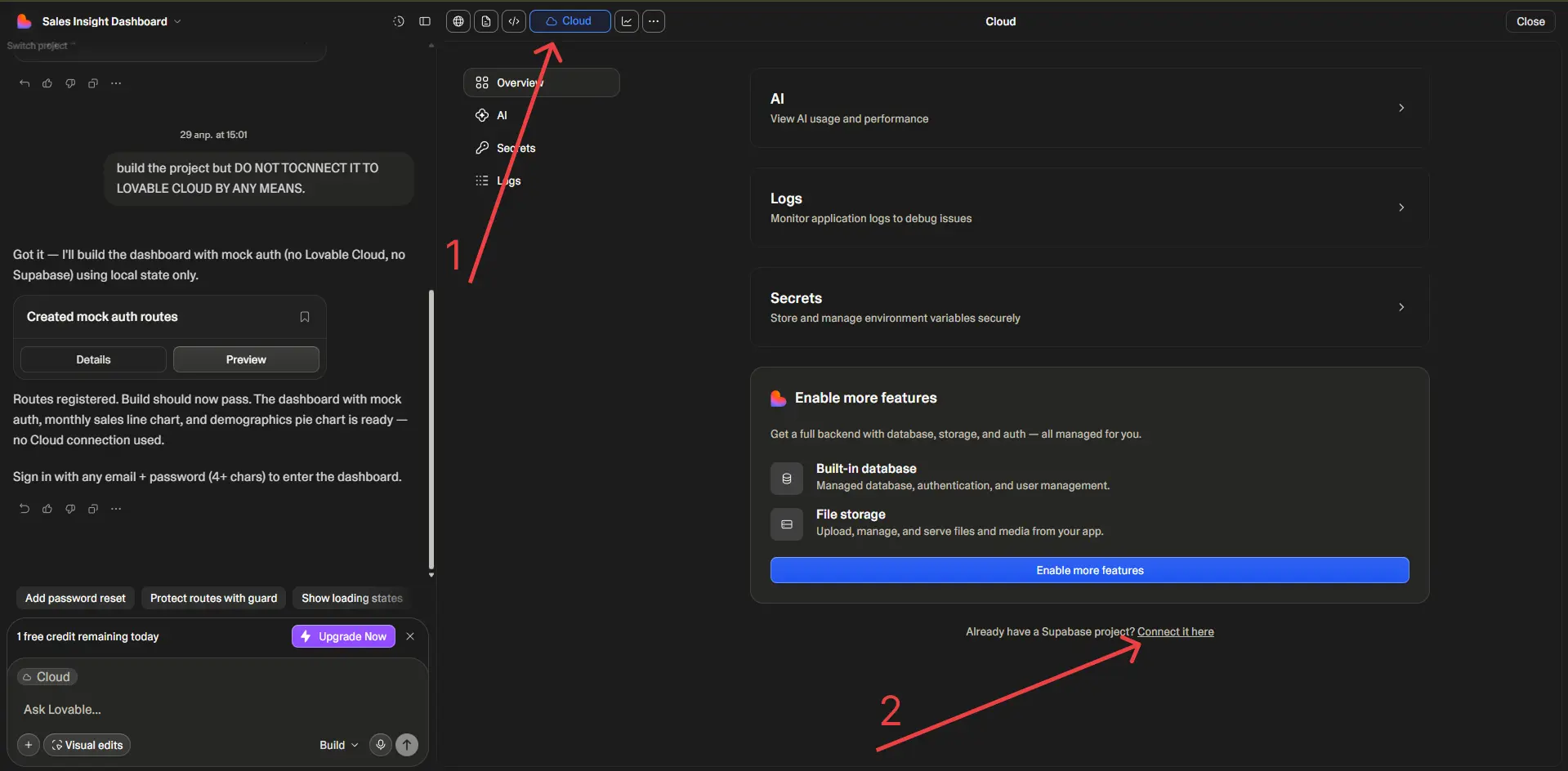 Lovable Cloud tab showing the option to connect an existing Supabase project instead of enabling Lovable Cloud features.