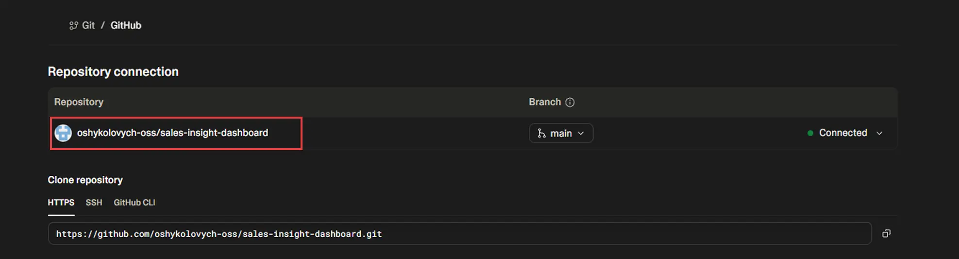 Lovable repository connection screen showing the connected GitHub repository and clone URL.