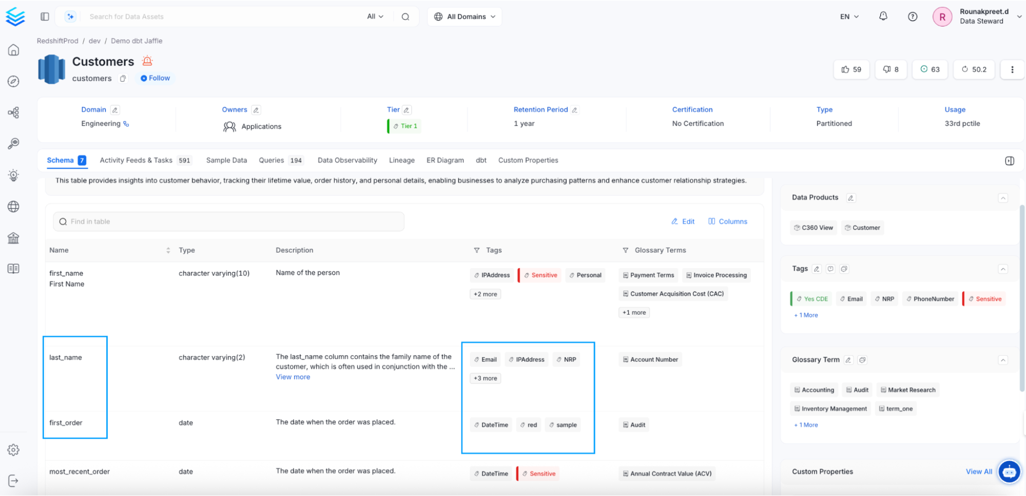 The image shows autotagged PII metadata columns using AI