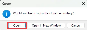 Cursor pop-up asking whether to open the cloned repository, with the Open button highlighted.